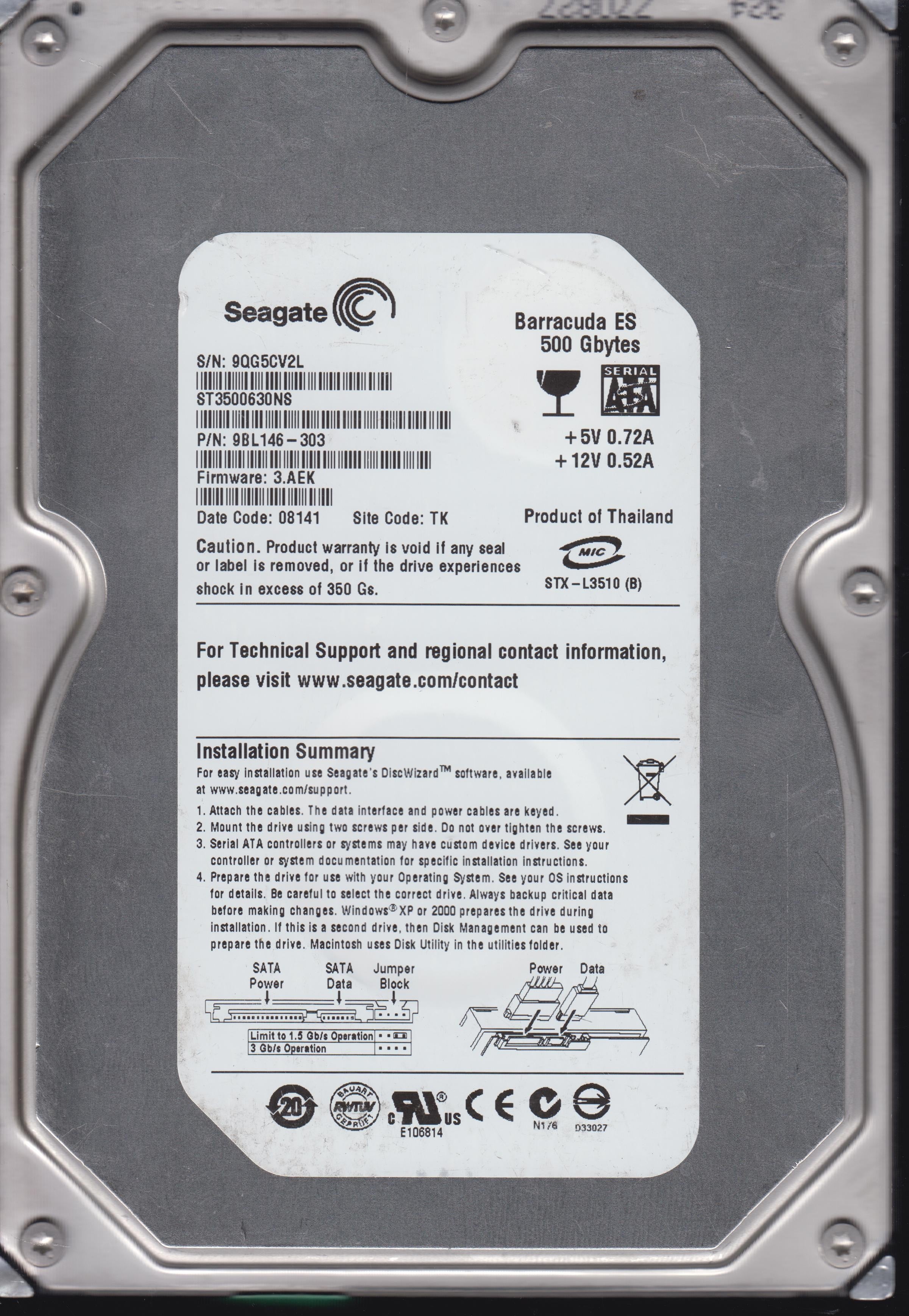 ST350630NS, Serial:9QG5CV2L, PCB:100406533- REV A, 500GB 3.5