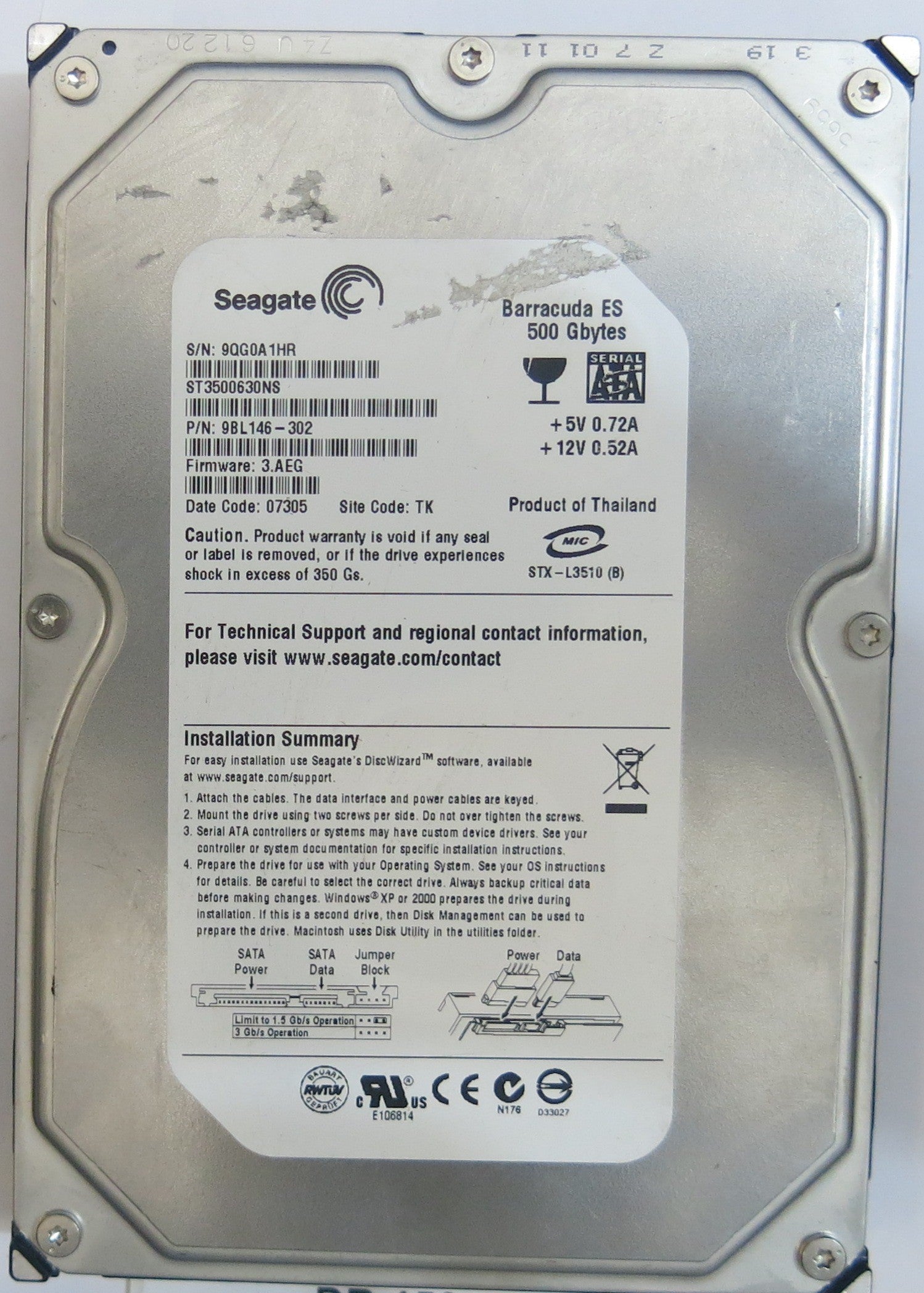 ST3500630NS PCB: 100406533 REV A SERIAL NUMBER: 9QG0A1HR FW 3.AEG PN 9BL146-302 500GB