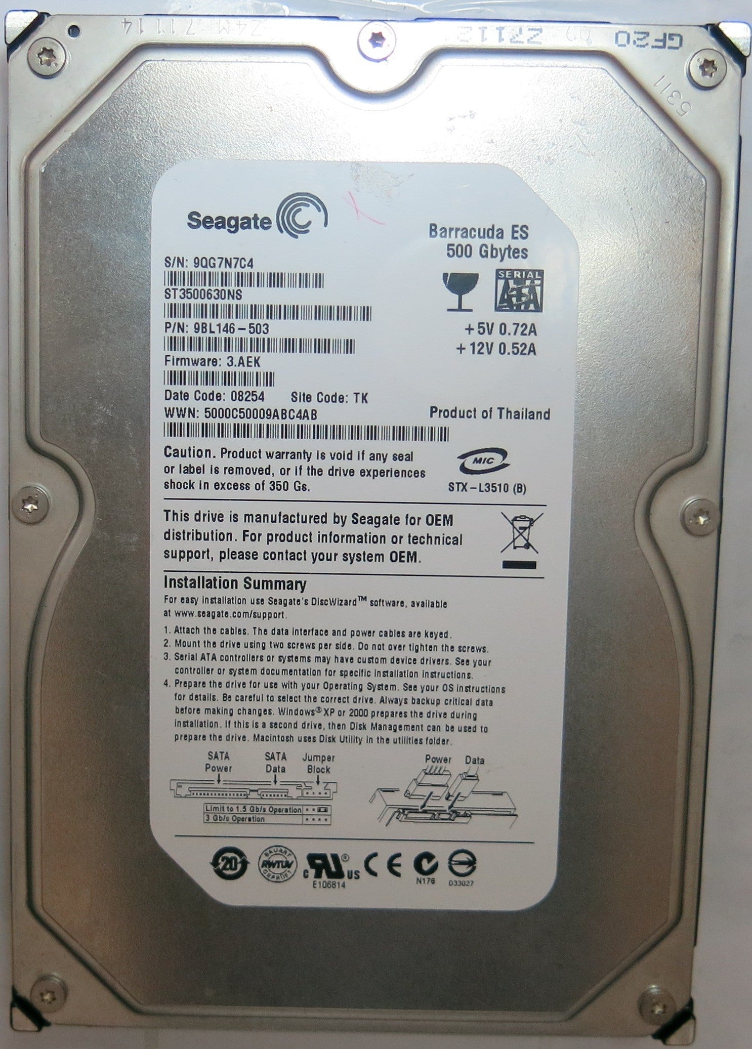 ST3500630NS PCB:100406533 REV A SERIAL 9QG7N7C4 PN 9BL146'503  FW 3.AEK  500,GB