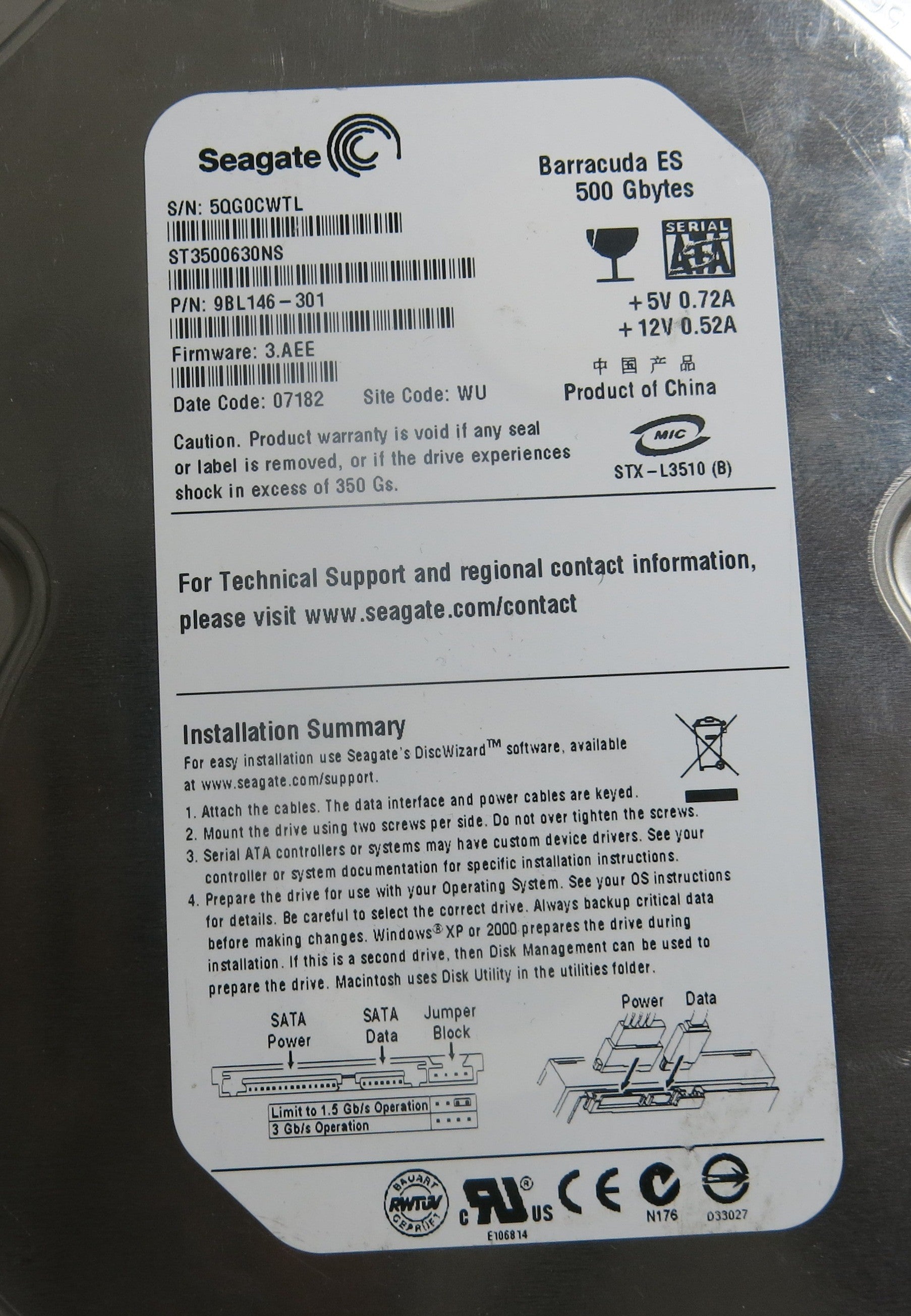 SEAGATE ST3500630NSFW 3.AEE P/N 9BL146-301 100406533 REV A PCB
