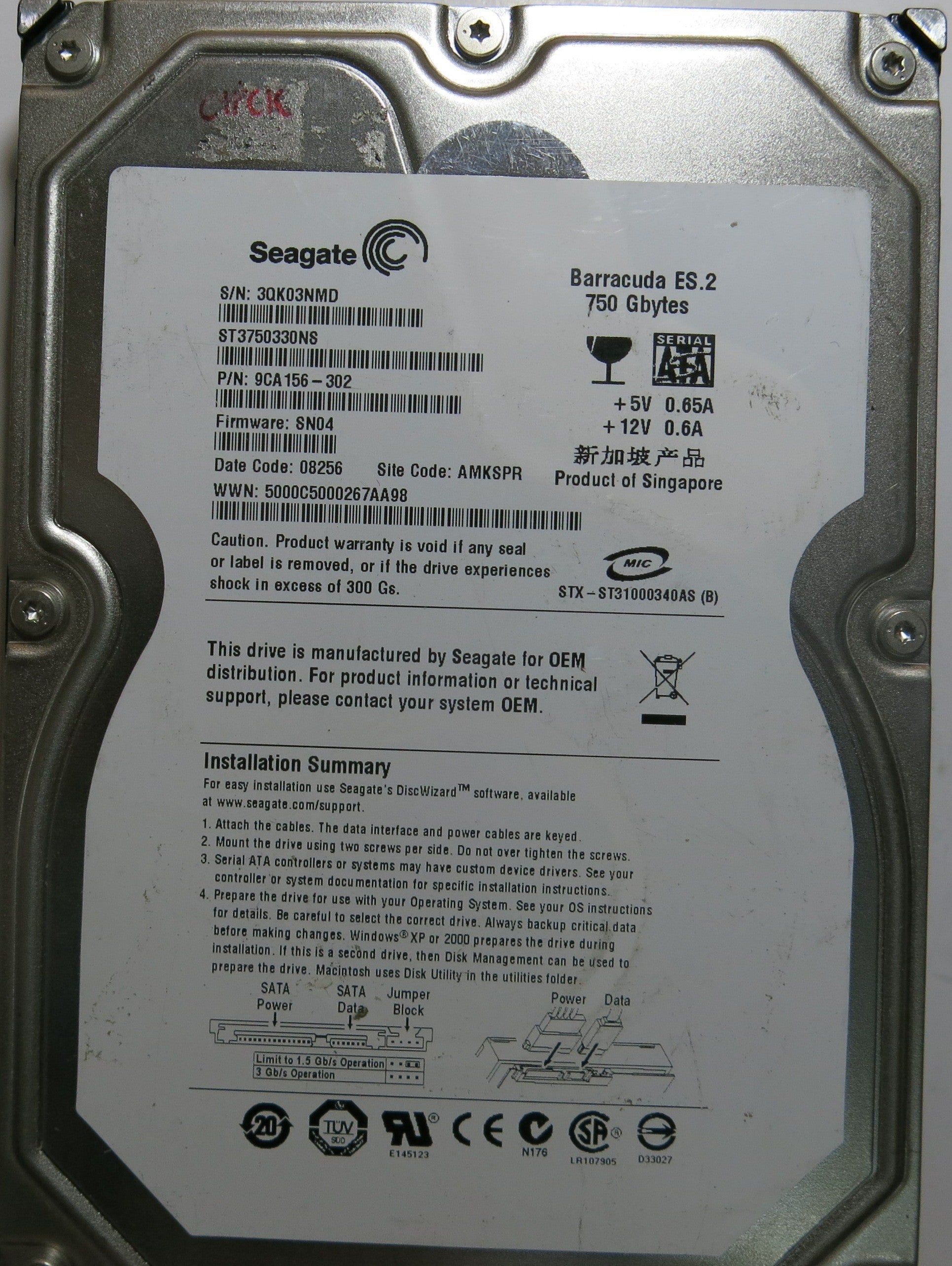 SEAGATE ST3750330NS FW SN04 100466824 REV B  PCB