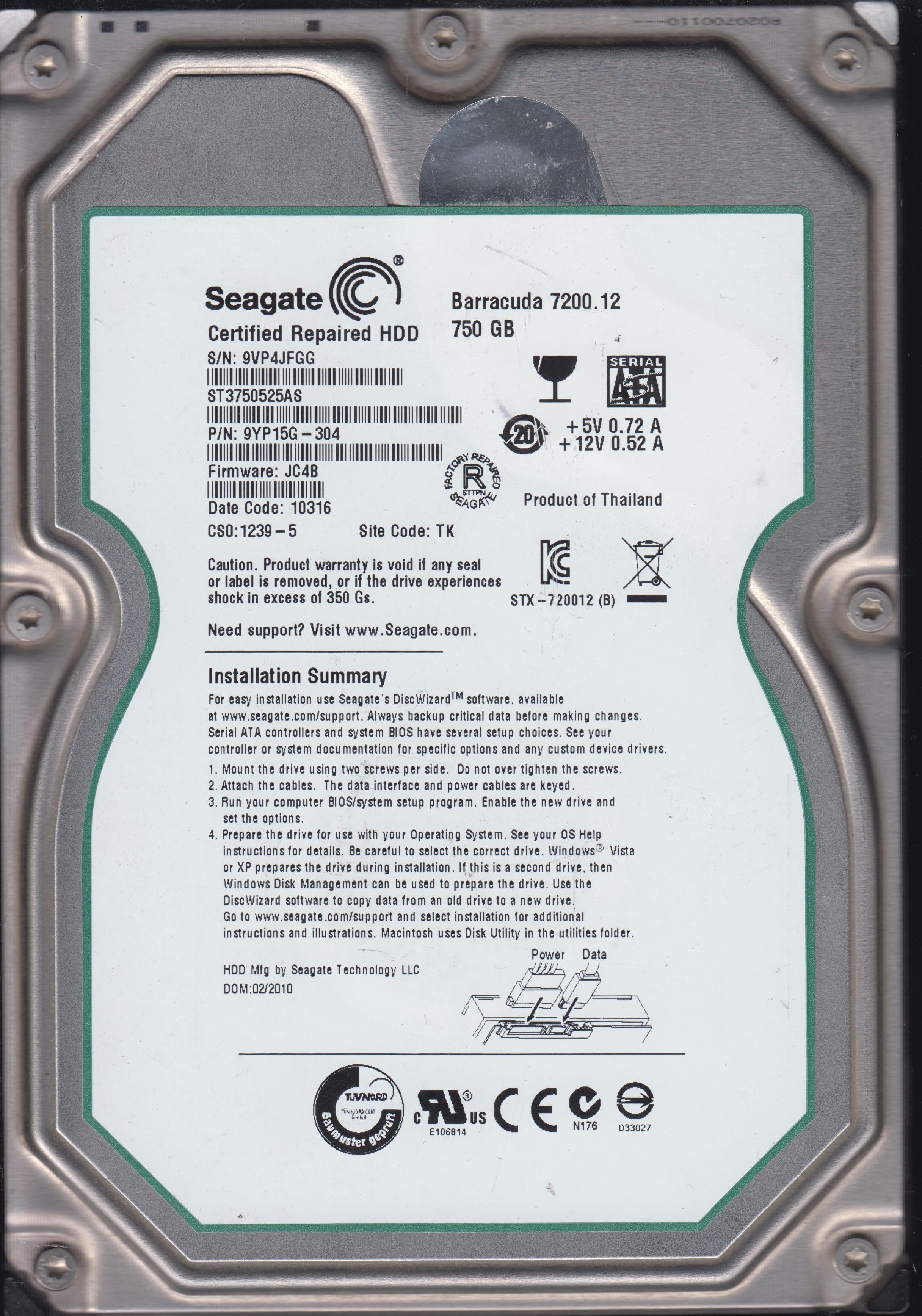 ST3750525AS, Serial:9VP4JFGG, 750GB 3.5