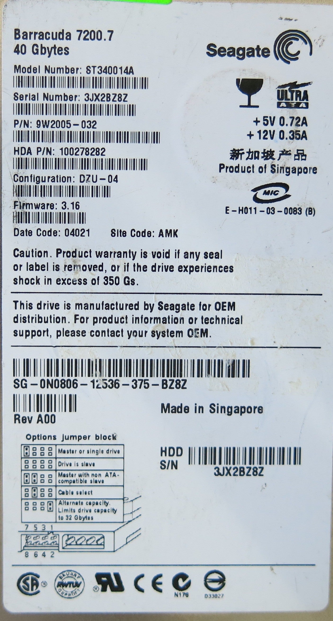 SEAGATE ST380011A P/N 9W2003-03 FW 3.16 100277699 REVA PCB