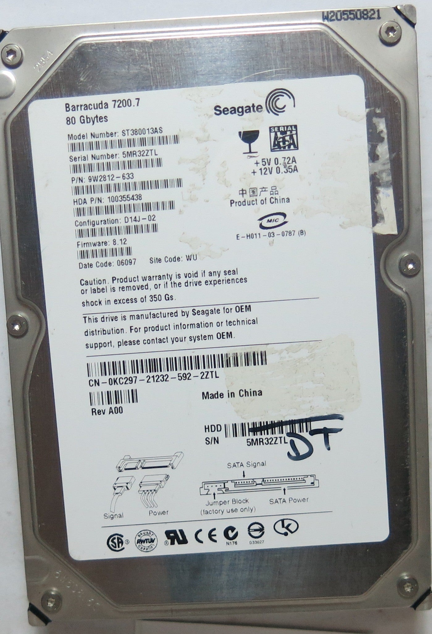 ST380013AS PCB: 100336321 REV B SERIAL: 5MR32ZTL FW: 8.12 PN 9W2812'633 FW 8.12 80,GB
