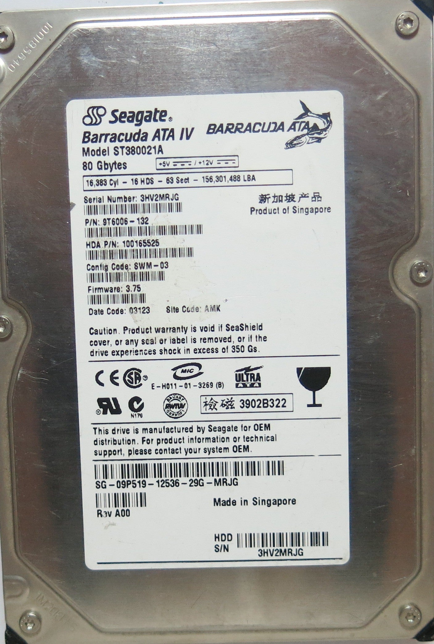 ST380021A PCB: 100192507 REV A SERIAL: 3HV2MRJG PN 9T6006'132 FW 3.75 80,GB