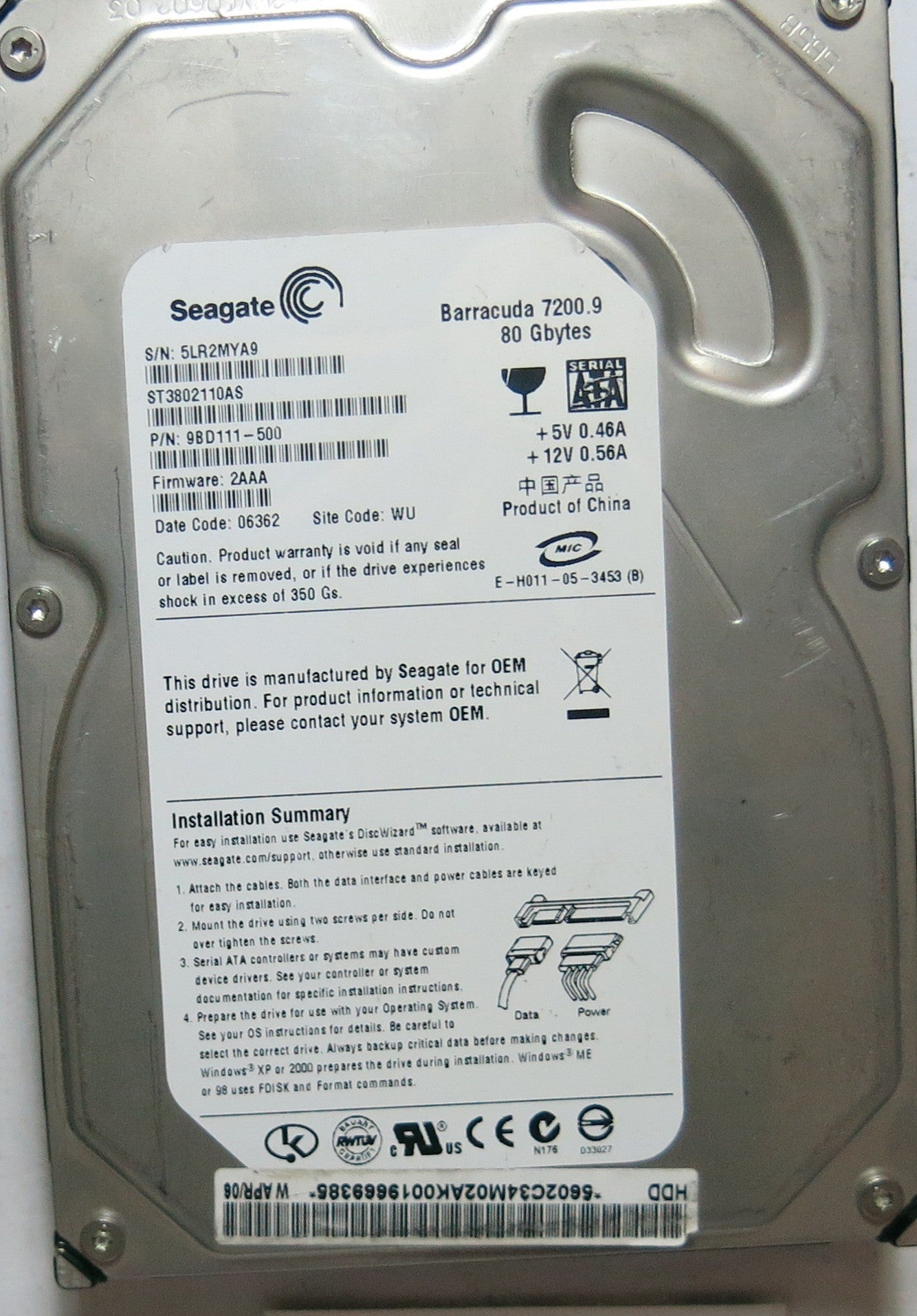 ST3802110AS PCB: 100355589 REV A SERIAL: 5LR2MYA9 PN 9BD111'500 FW 2AAA 80,GB
