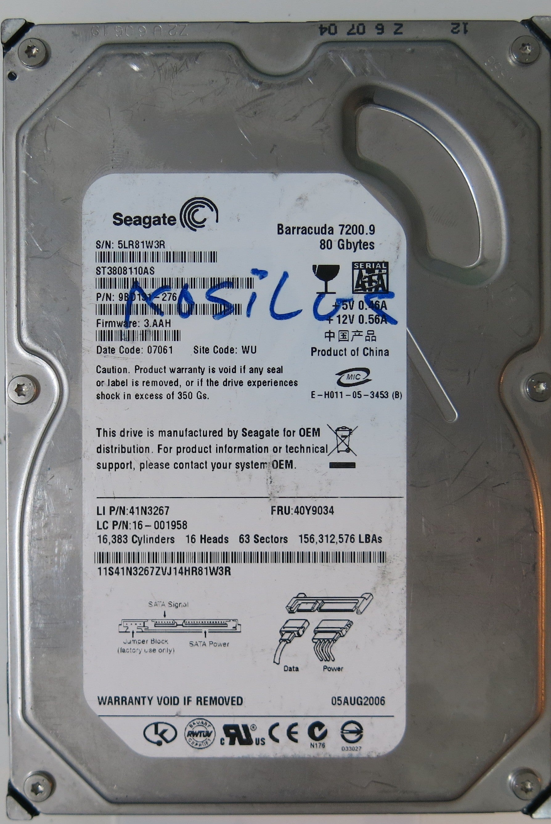 ST3808110AS,  P/N:9BD131-276,  FW:3.AAH,  Serial:5LR81W3R,  80GB 3.5,  PCB:100387575- REV D