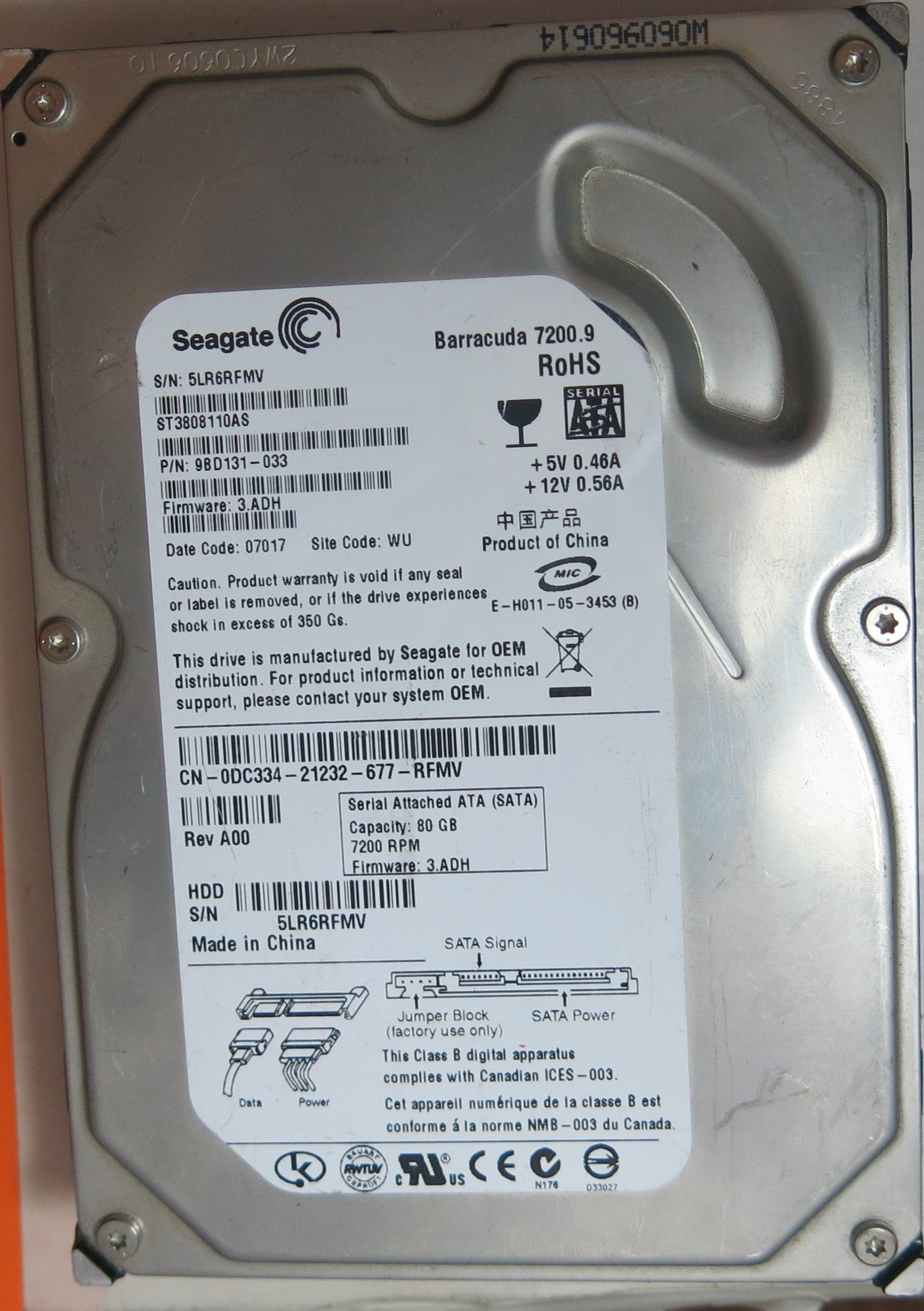 ST3808110AS,  P/N:9BD131-033,  FW:3.ADH,  Serial:5LR6RFMV,  80GB 3.5,  PCB:100387575- REV B