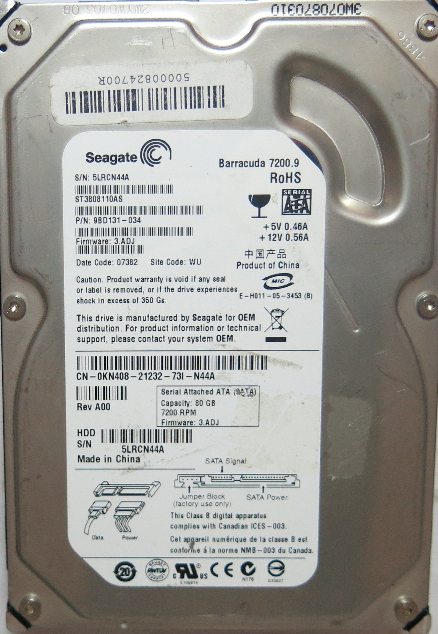 ST3808110AS PCB: 100387575 REV D SERIAL: 5LRCN44A DCM: 3.ADJ PN 9BD131'034 FW 3.ADJ 80,GB