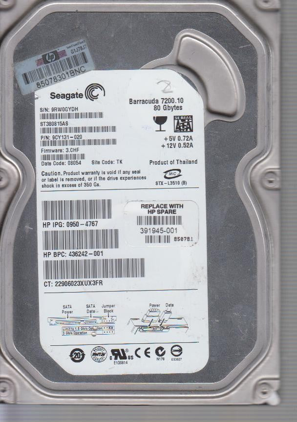 ST380815AS, Serial:9RW0GYDH, 80GB 3.5