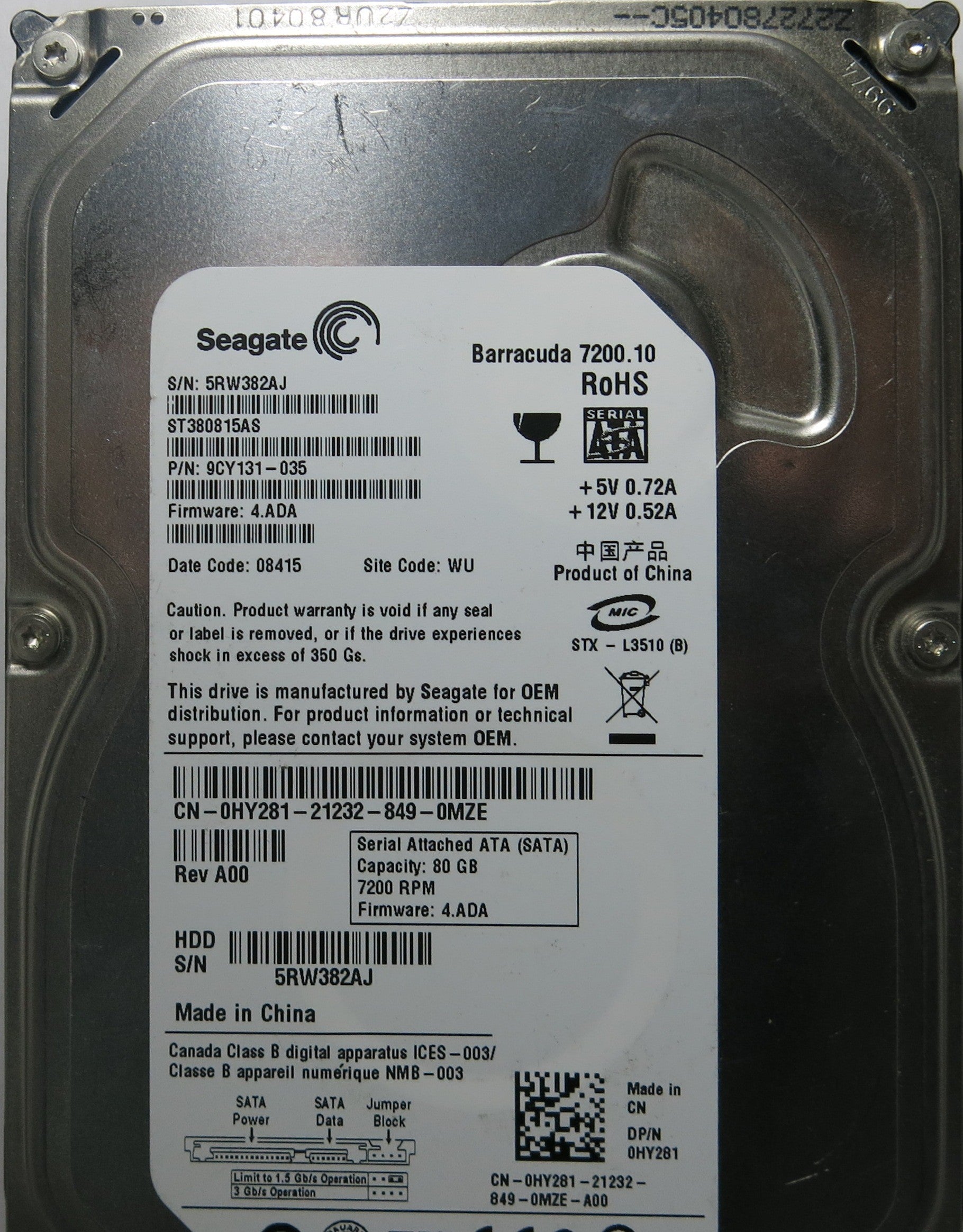 SEAGATE ST380815AS P/N 9CY131-035 FW 4.ADA 100470387 REV B PCB