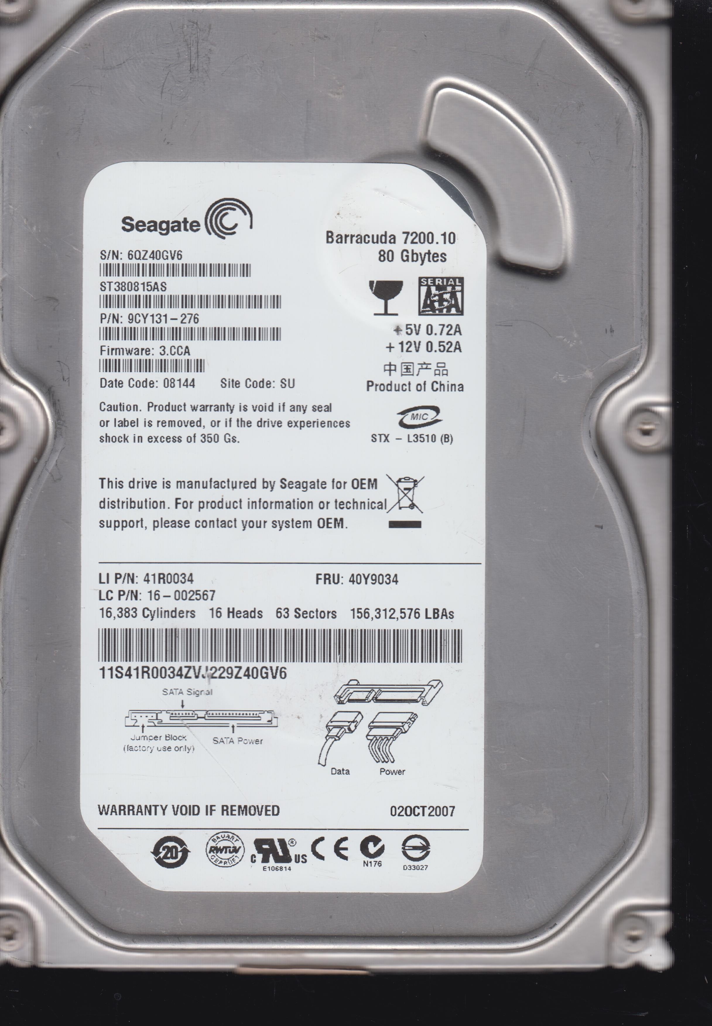 ST380815AS,Serial:6QZ40GV6,PCB:100428473- REV A,80GB 3.5