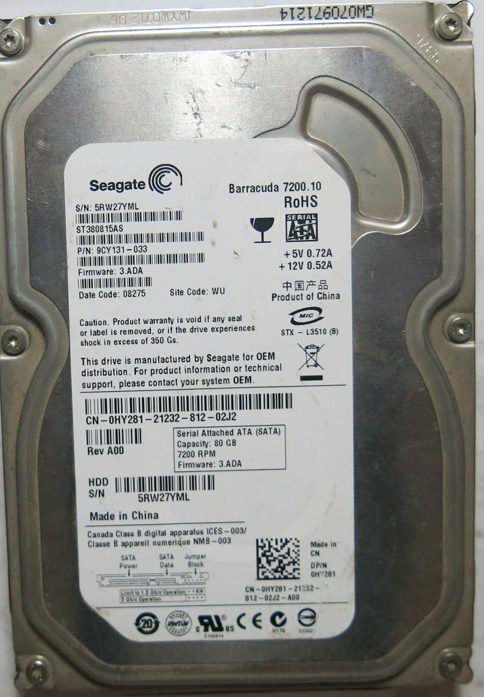 ST380815AS PCB: 100428473 REV C SERIAL: 5RW27YML PN 9CY131'033 FW 3.ADA 80,GB
