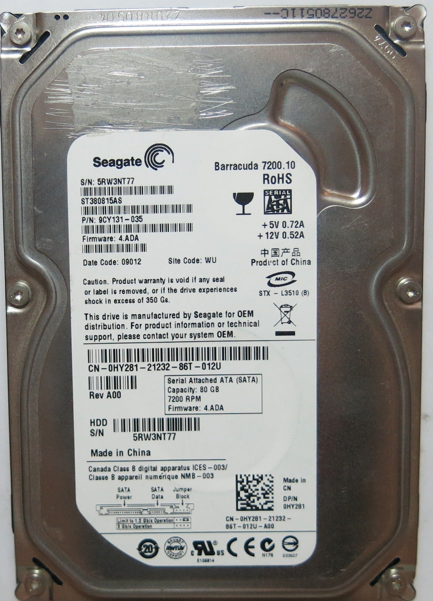 ST380815AS PCB: 100470387 REV B SERIAL: 5RW3NT77 PN 9CY131'035 FW 4.ADA 80,GB
