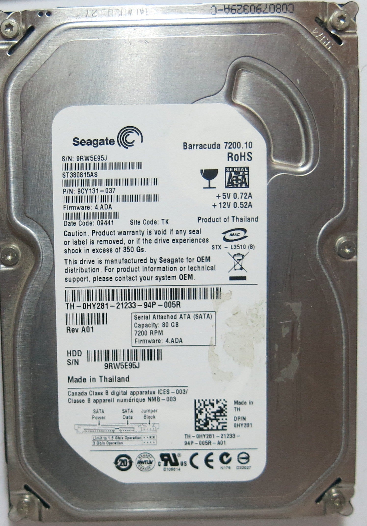 100470387 REV B MODEL: ST380815AS SERIAL: 9RW5E95J PN 9CY131'037 FW 4.ADA 80,GB