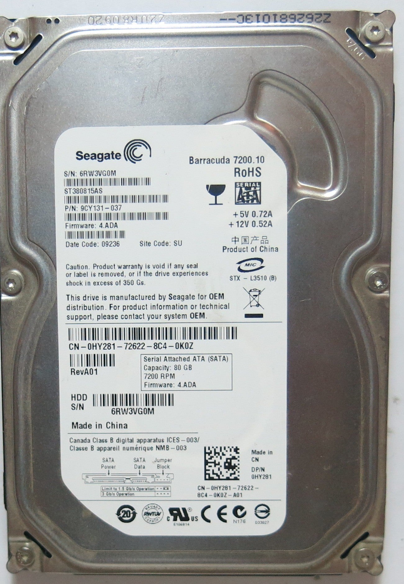 ST380815AS PCB: 100470387 REV B SERIAL: 6RW3VG0M 9CY131'037 FW 4.ADA 80,GB