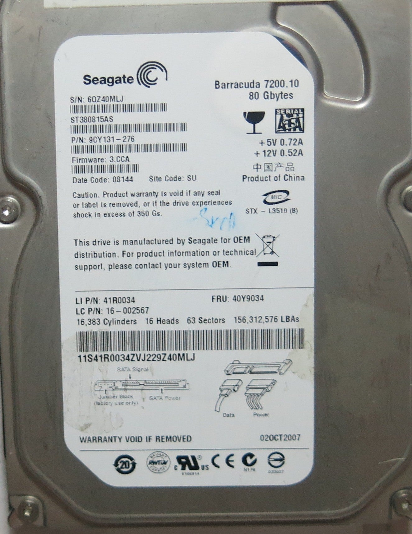 ST380815AS PCB: 100428473 REV C SERIAL: 6QZ40MLJ PN 9CY131'276 FW 3.CCA 80,GB