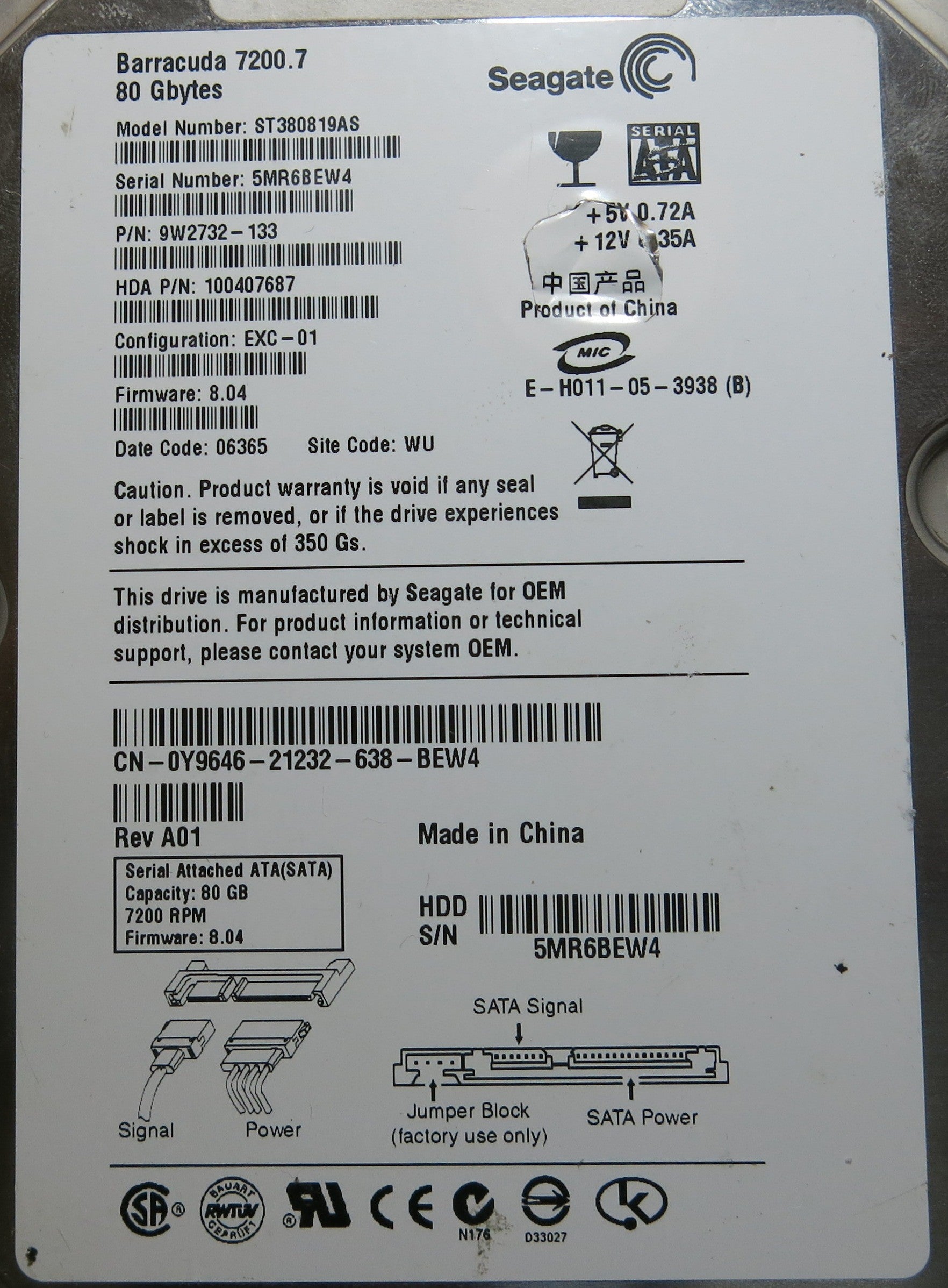 SEAGATE ST380819AS P/N 9W2732'133 FW 8.04 100331803 REV B PCB