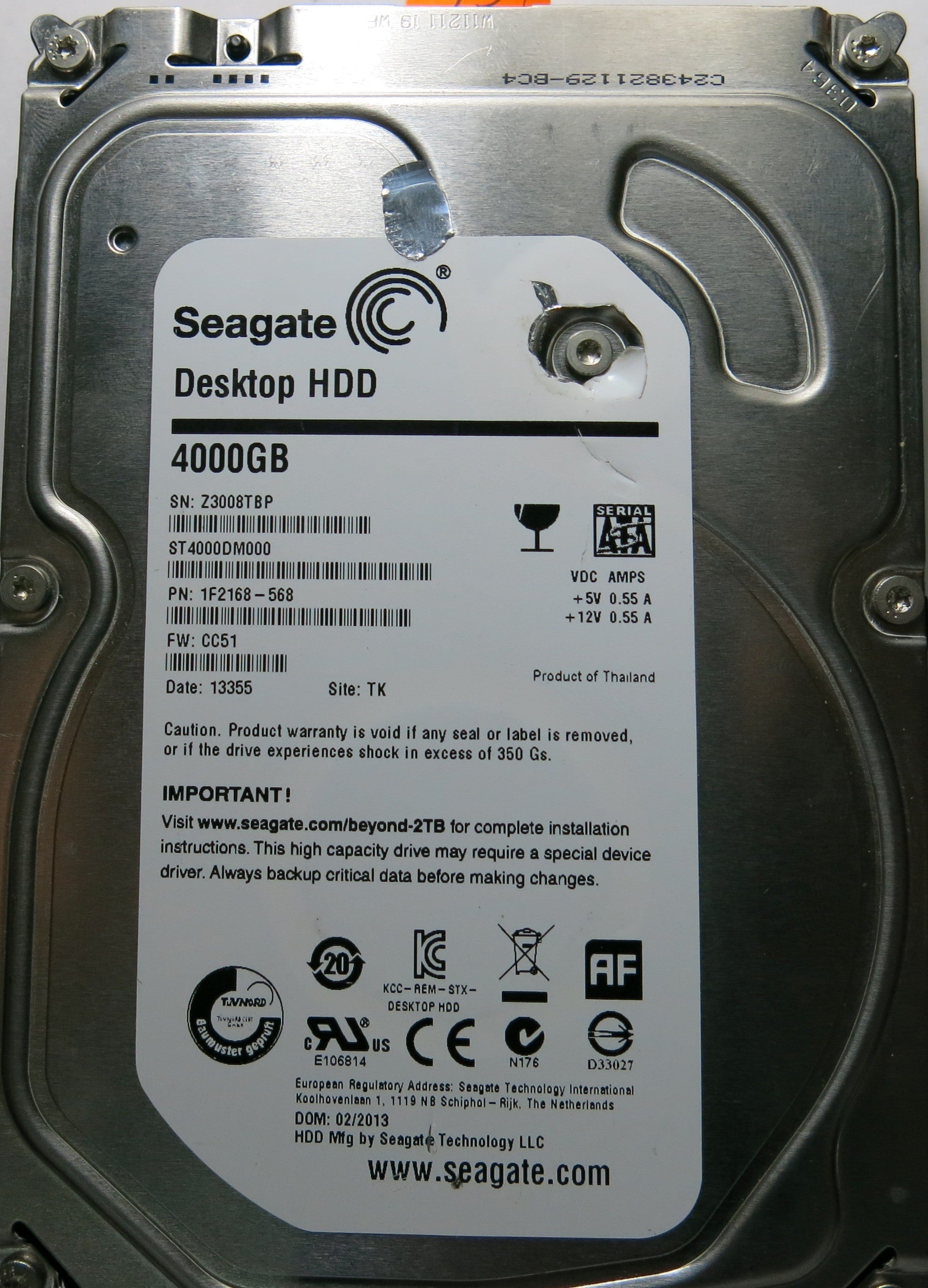 SEAGATE ST4000DM000 P/N 1F2168-568 FW CC51 100710248 REV B PCB