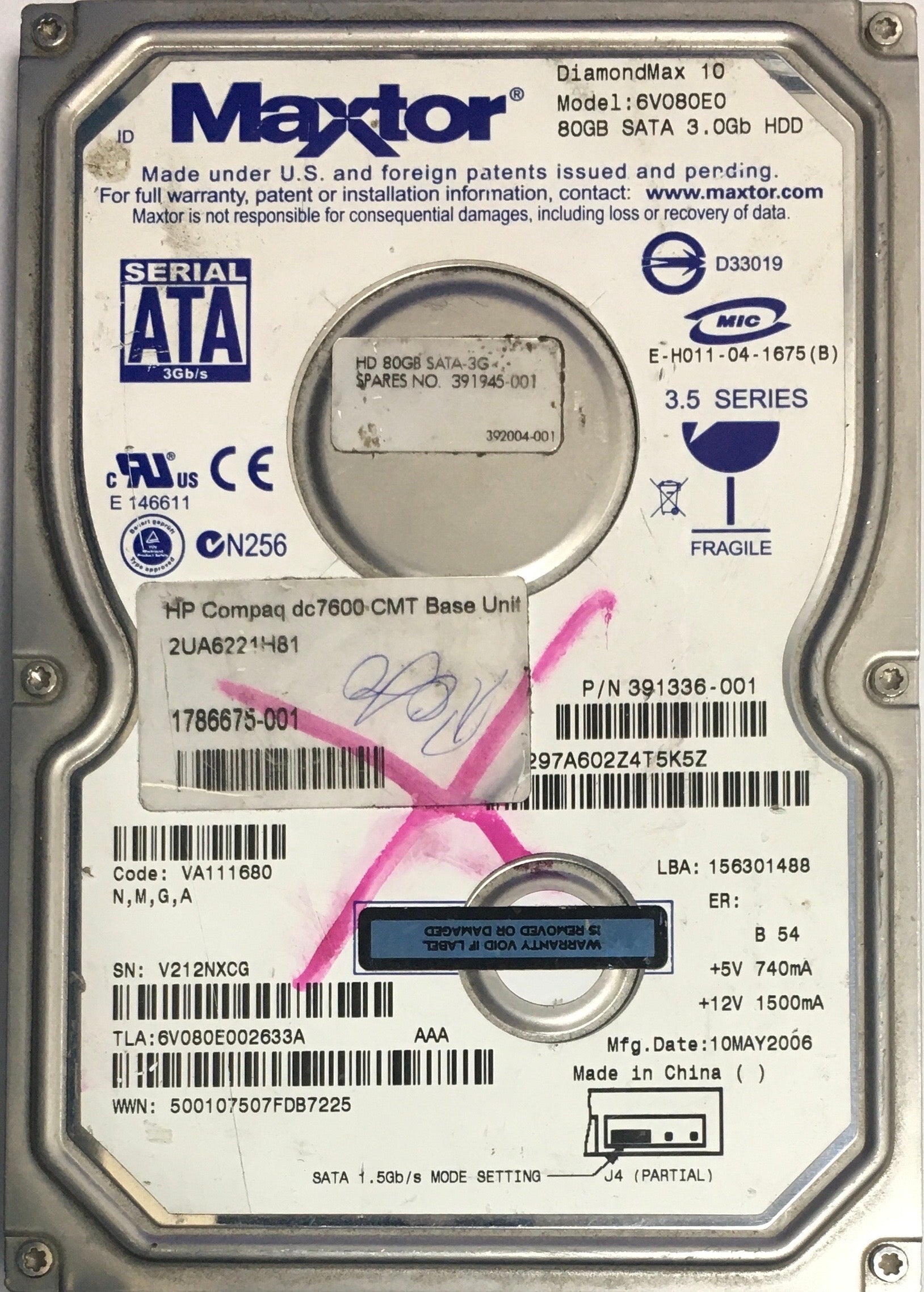 6V080E002633A,  Serial:V212NXCG,  80GB 3.5,  PCB:302136100- REV A
