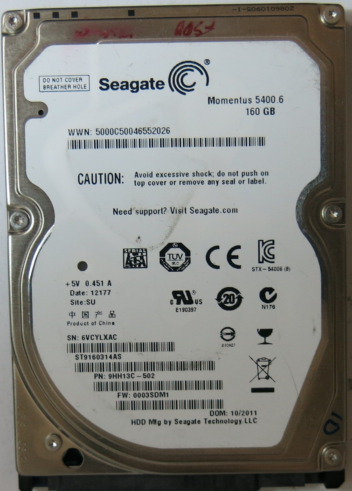 ST9160314AS, PCB: 100536206, SERIAL NUMBER: 6VCYLXAC,   PN 9HH13C-502 FW 0003SDM1, 160-GB
