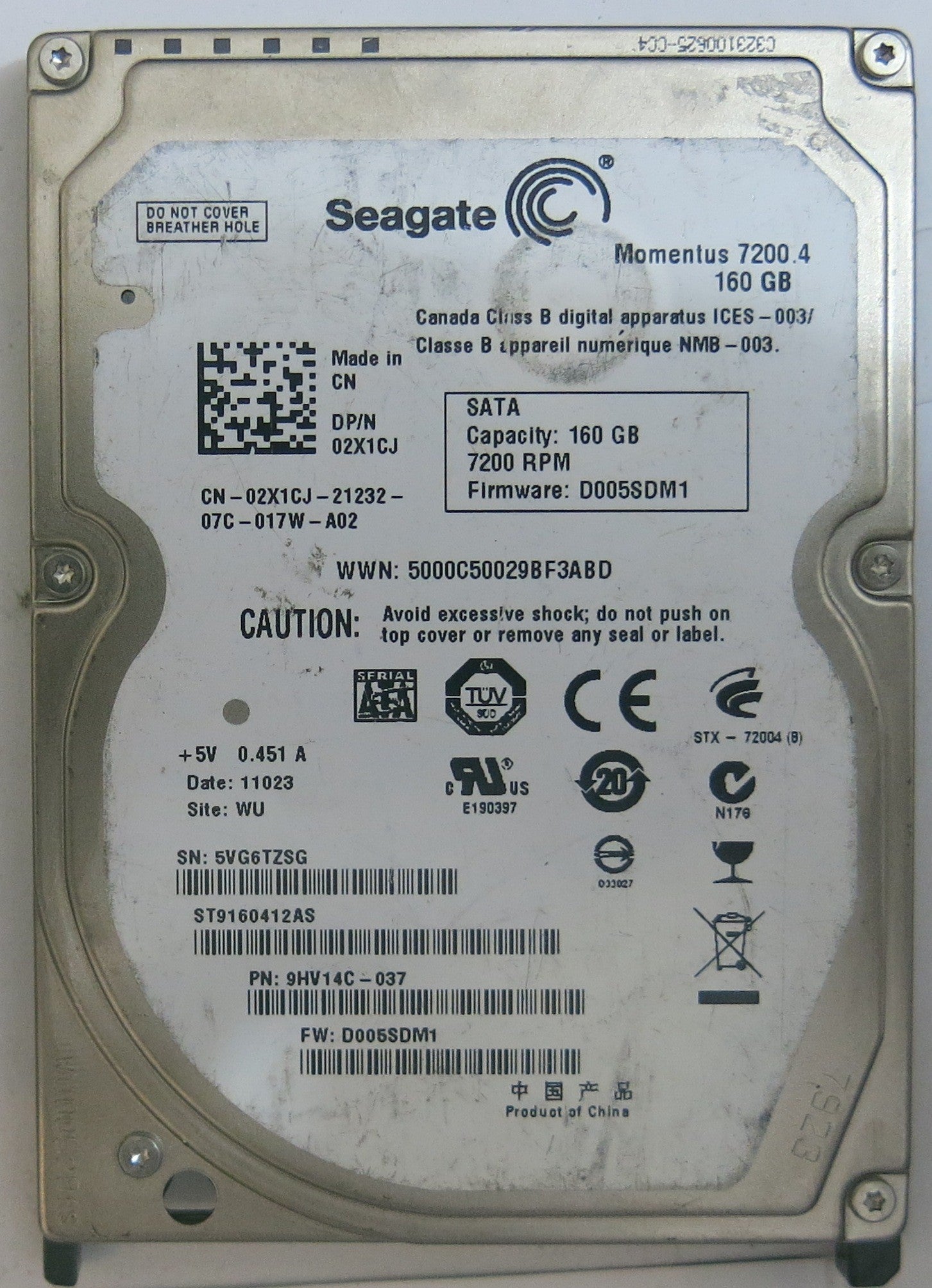 SEAGATE ST9160412AS FW D005SDM1 100536286 REV E PCB
