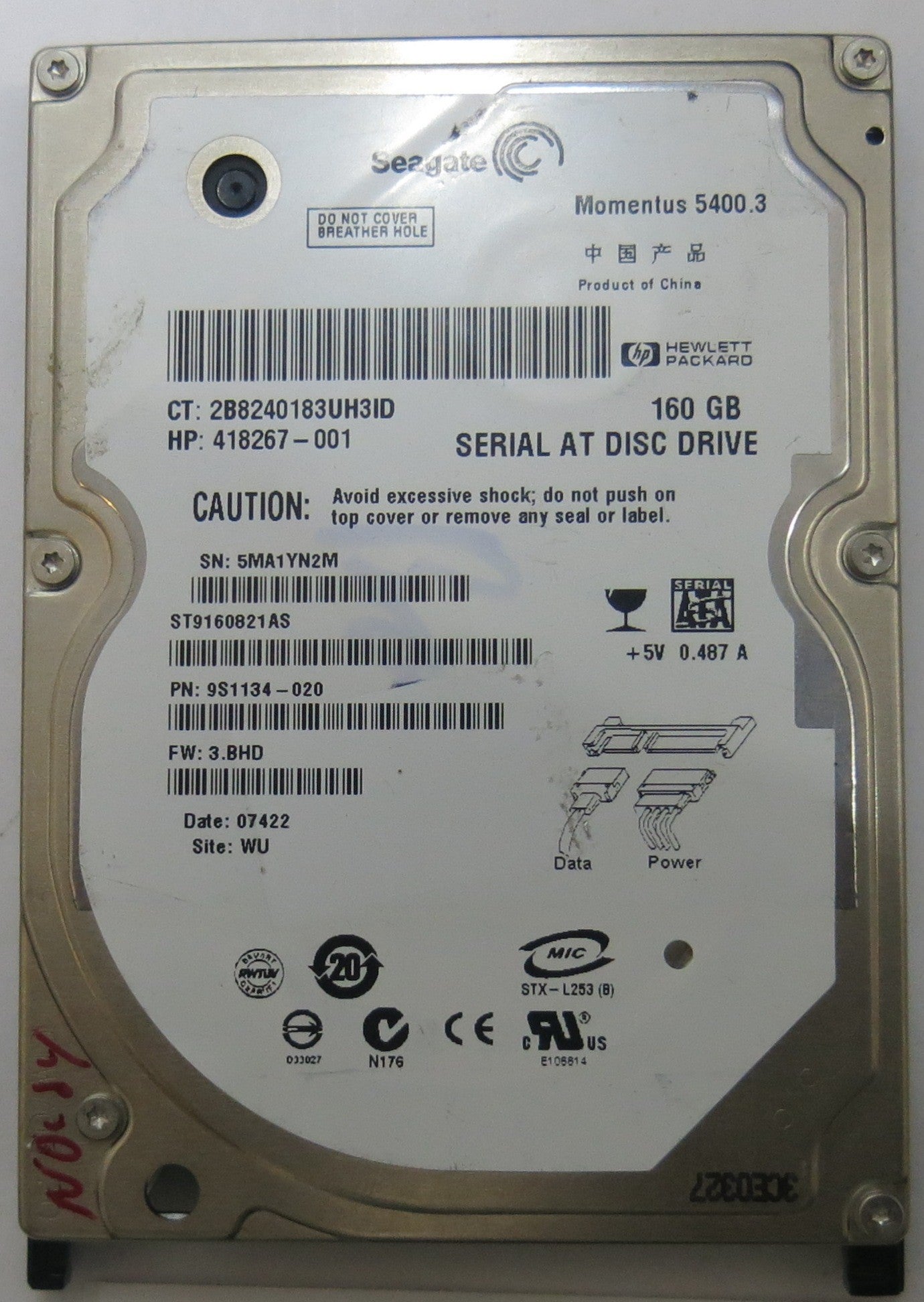 SEAGATE ST9160821AS FW 3.BHD 100398689 REV C PCB