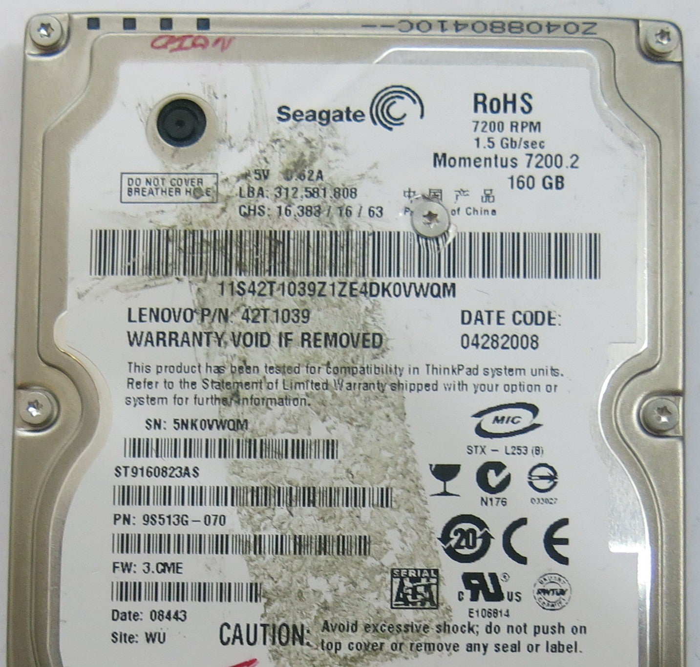 SEAGATE ST9160823AS FW 3.CME 100430580 REV C PCB