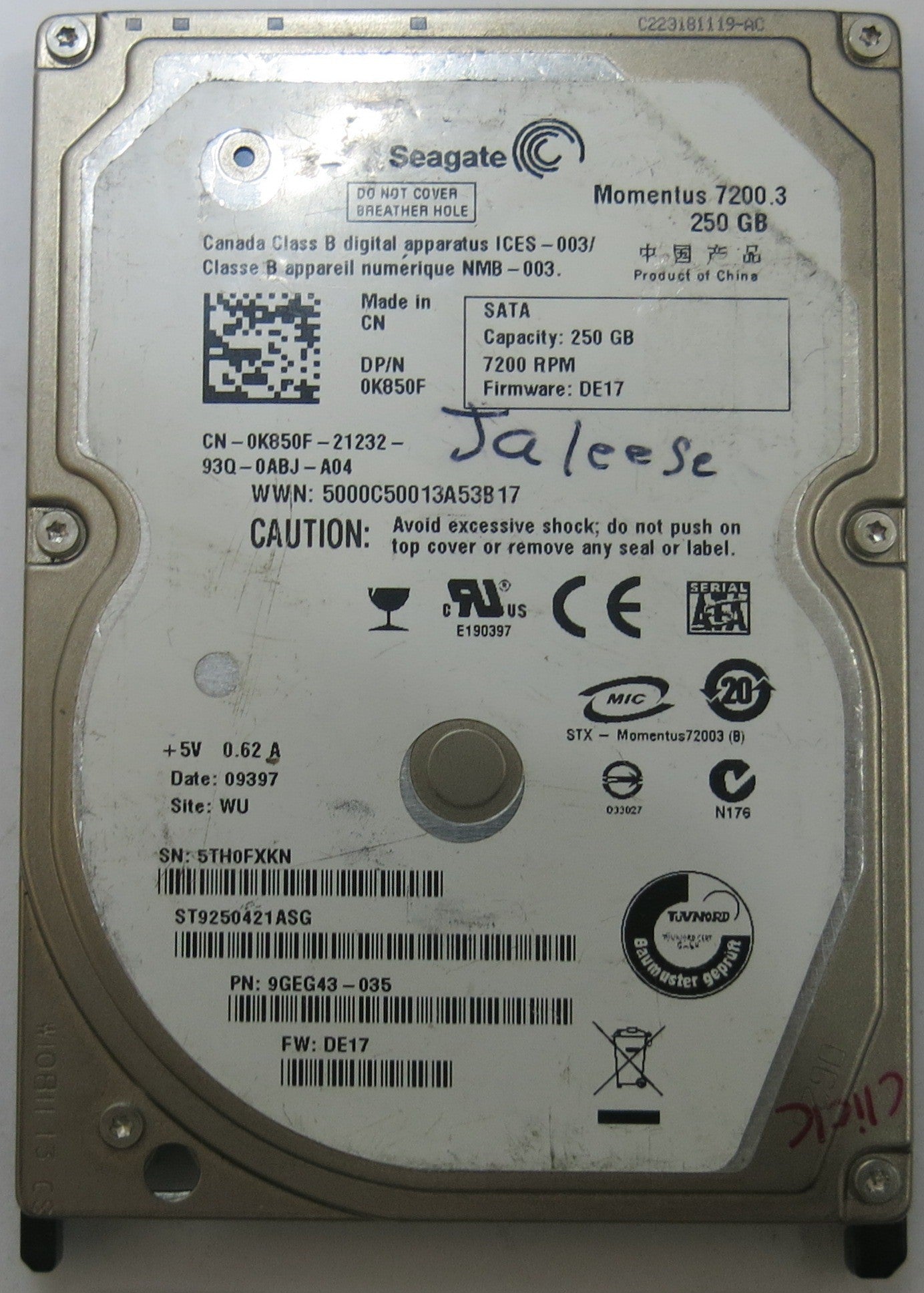 SEAGATE ST9250421ASG FW DE17 100513573 REV B PCB