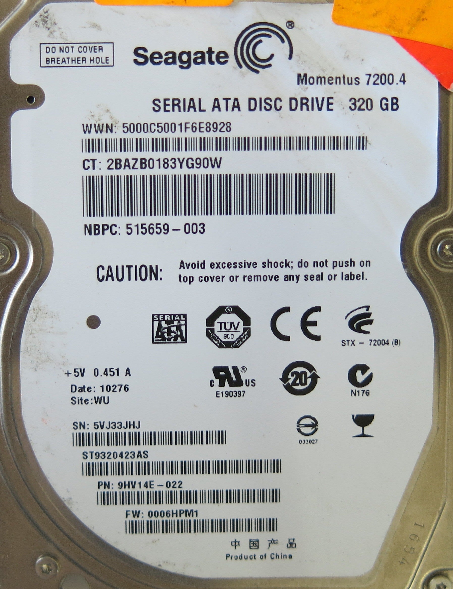 SEAGATE ST9320423AS P/N 9HV14E-022 PCB 100565308 REV A FW 0006HPM1