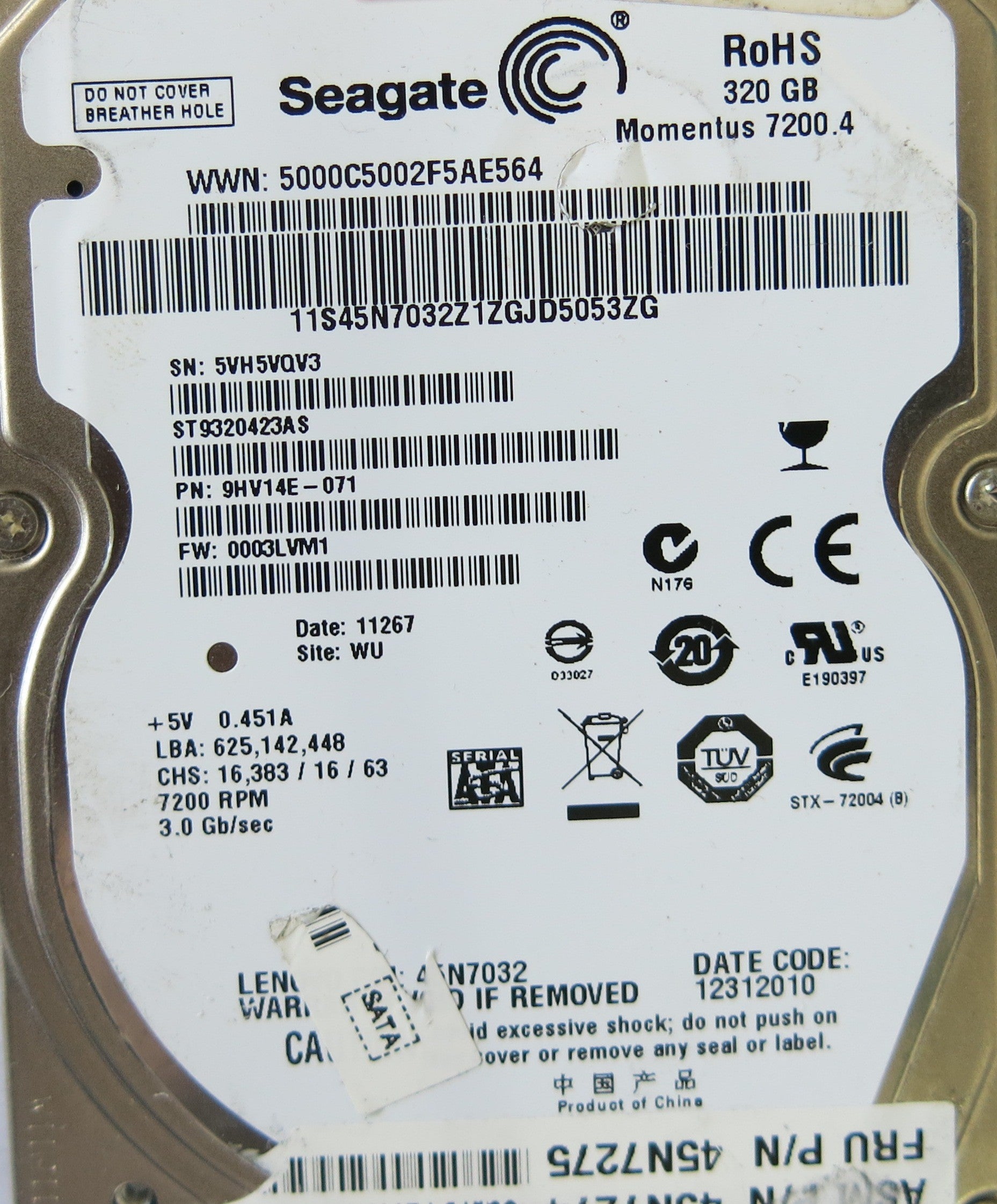 SEAGATE ST9320423AS P/N 9HV14E-071 PCB 100585308 REV A FW 0003LVM1