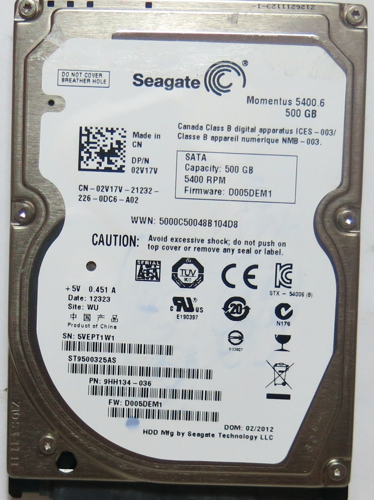 ST9500325AS, SERIAL: 5VEPT1W1, FW: D005DEM1, 500,GB, PCB: 100656265 REV B,
