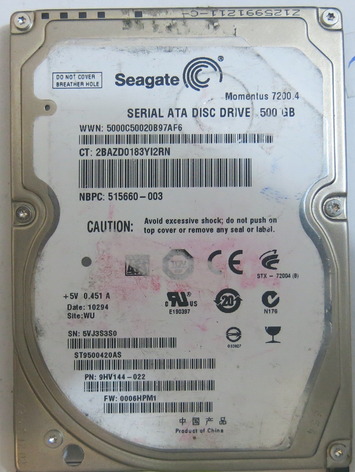 SEAGATE ST9500420AS FW 0006HPM1 100565308 REV A PCB