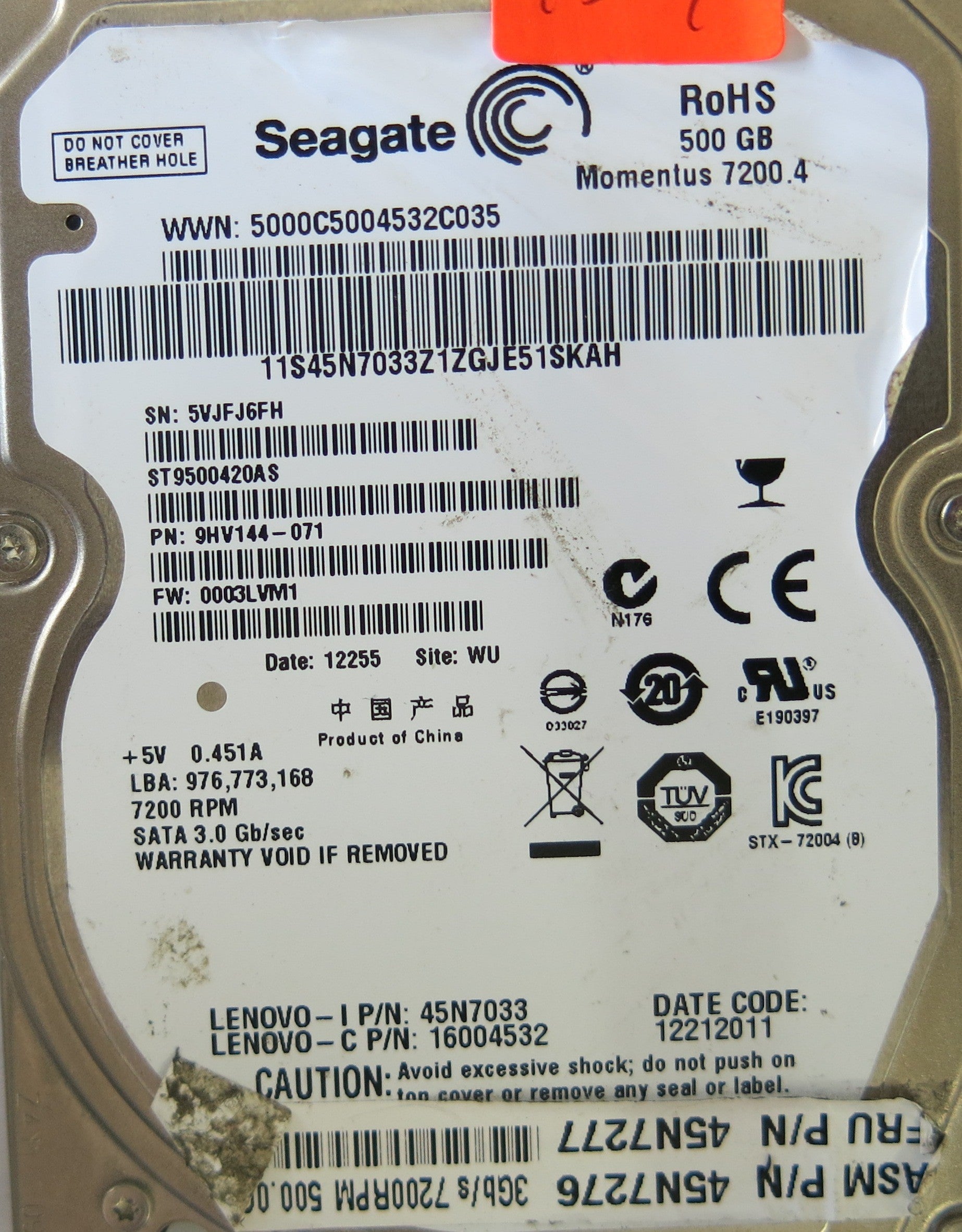 SEAGATE ST9500420AS P/N 9HV144-071 PCB 100565308 REV A  FW 0003LVM1