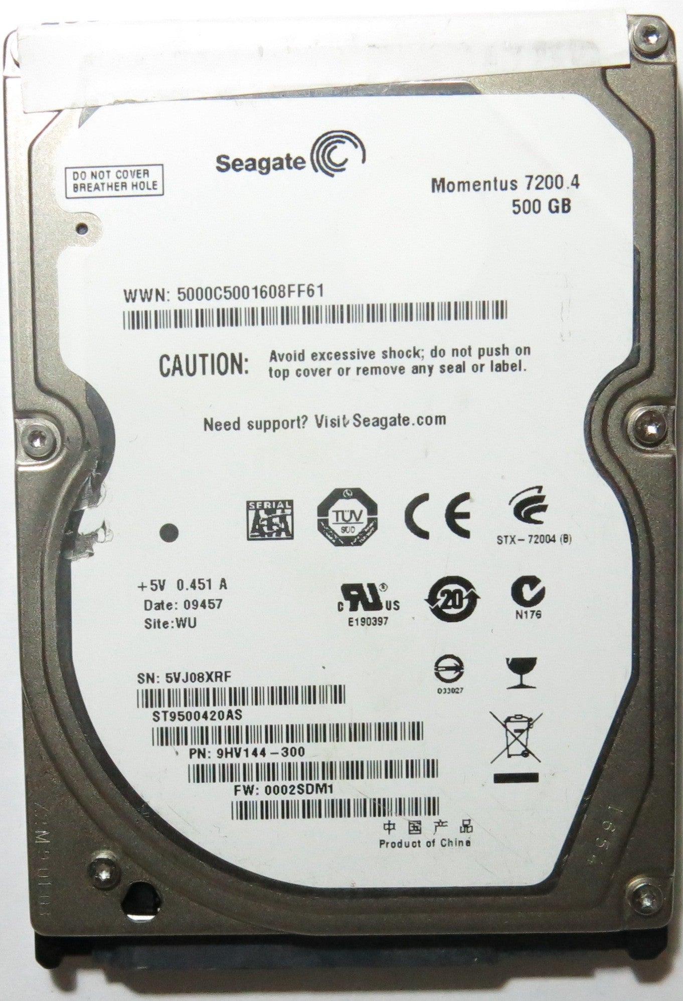 ST9500420AS, PCB: 100535597 REV A, SERIAL: 5VJ08XRF, FW: 0002SDM1, PN 9HV144'300, FW 0002SDM1, 500,GB