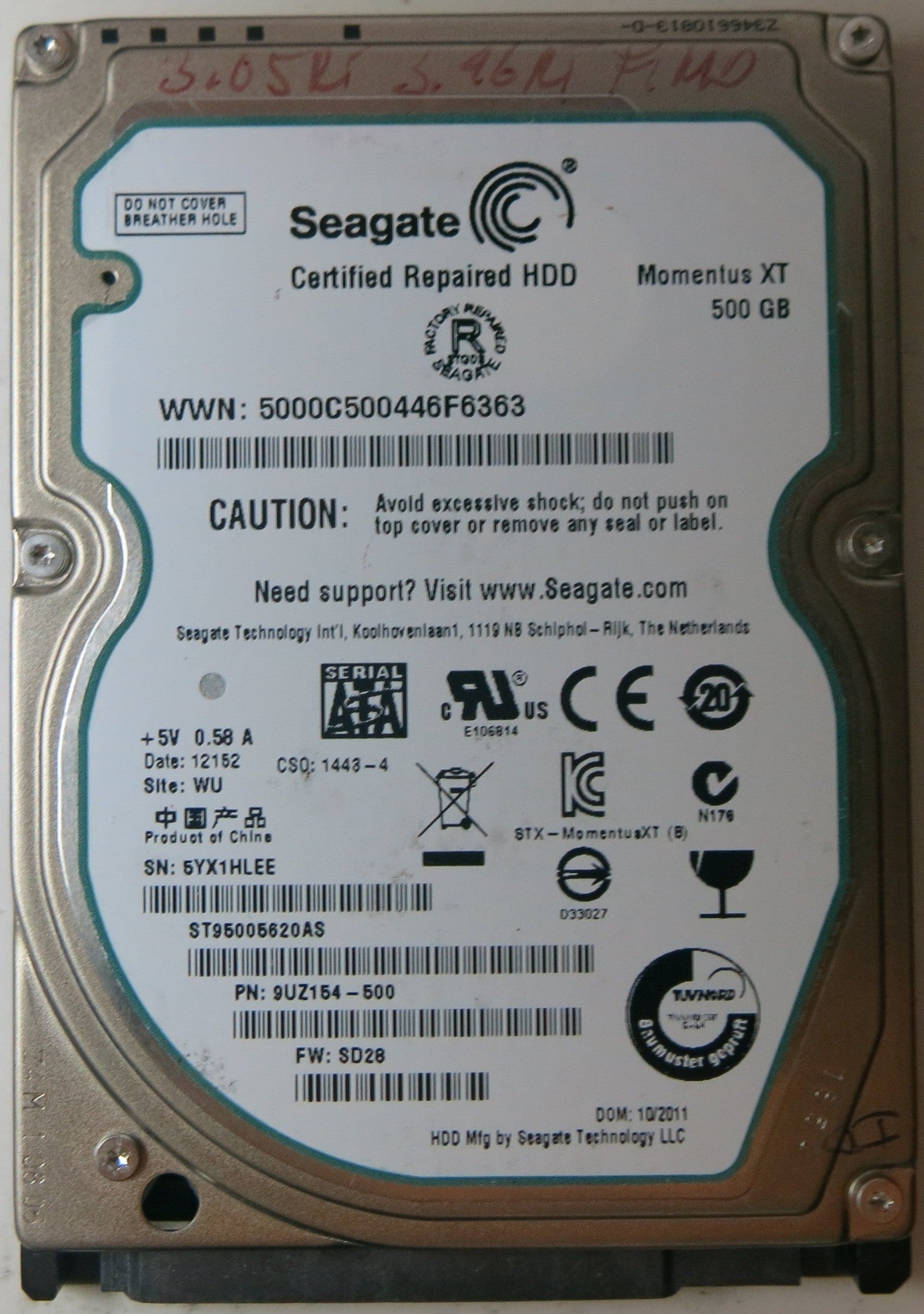 ST95005620AS, PCB: 100612797 REV B, SERIAL NUMBER: 5YX1HLEE, PN 9UZ154-500, FW: SD28, 500 GB,