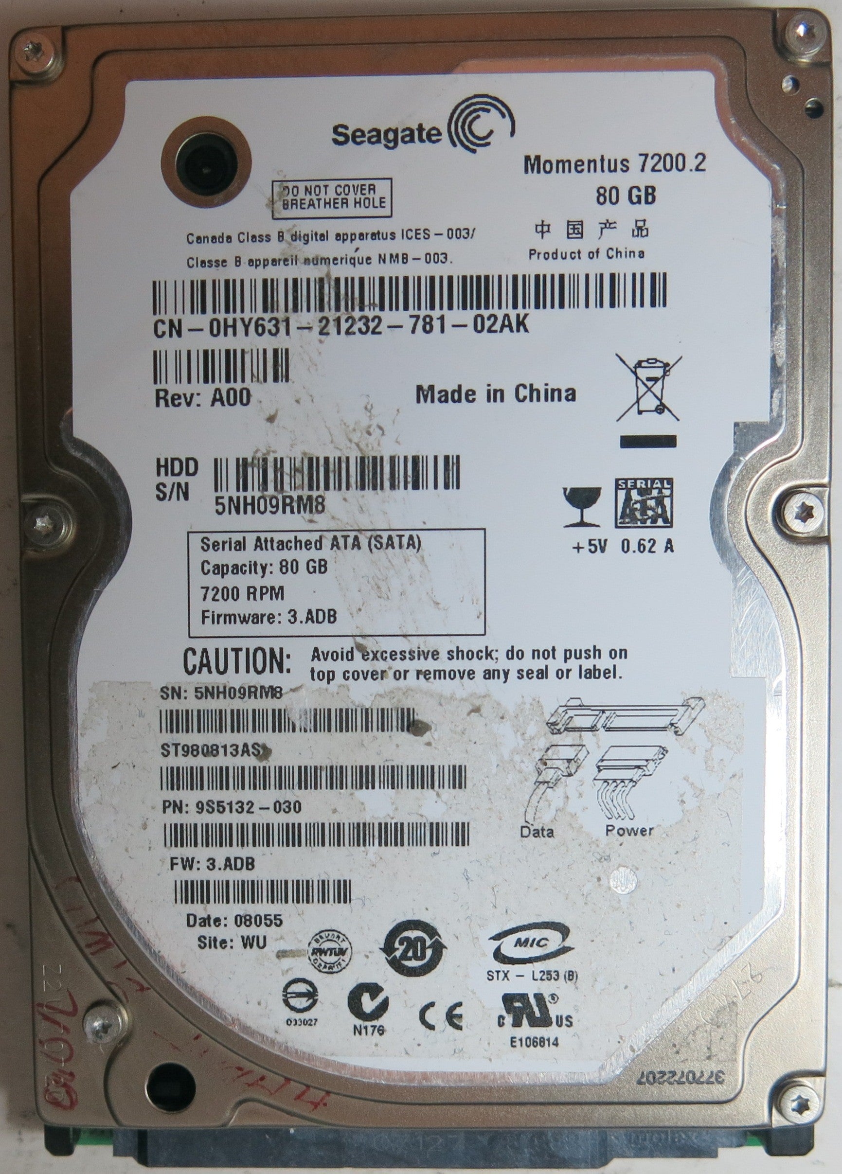 ST980813AS, PCB: 100430580 REV C, SERIAL NUMBER: 5NH09RM8, PN 9S5132-030, FW 3.ADB, 80 GB,