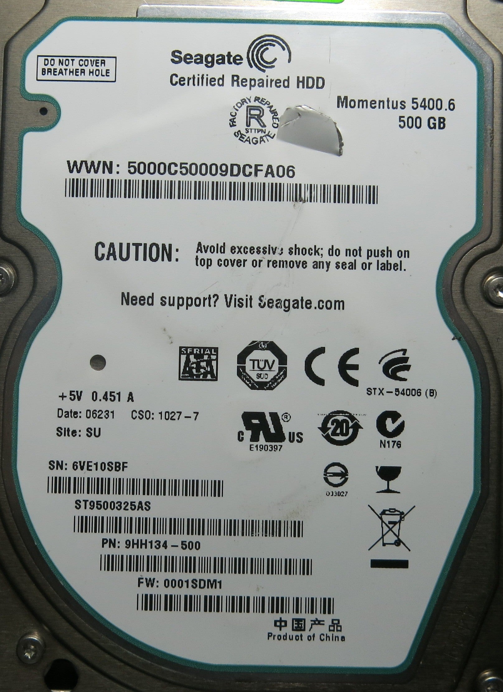 SEAGTE ST9500325AS FW 0001SDM1 P/N 9HH134-500