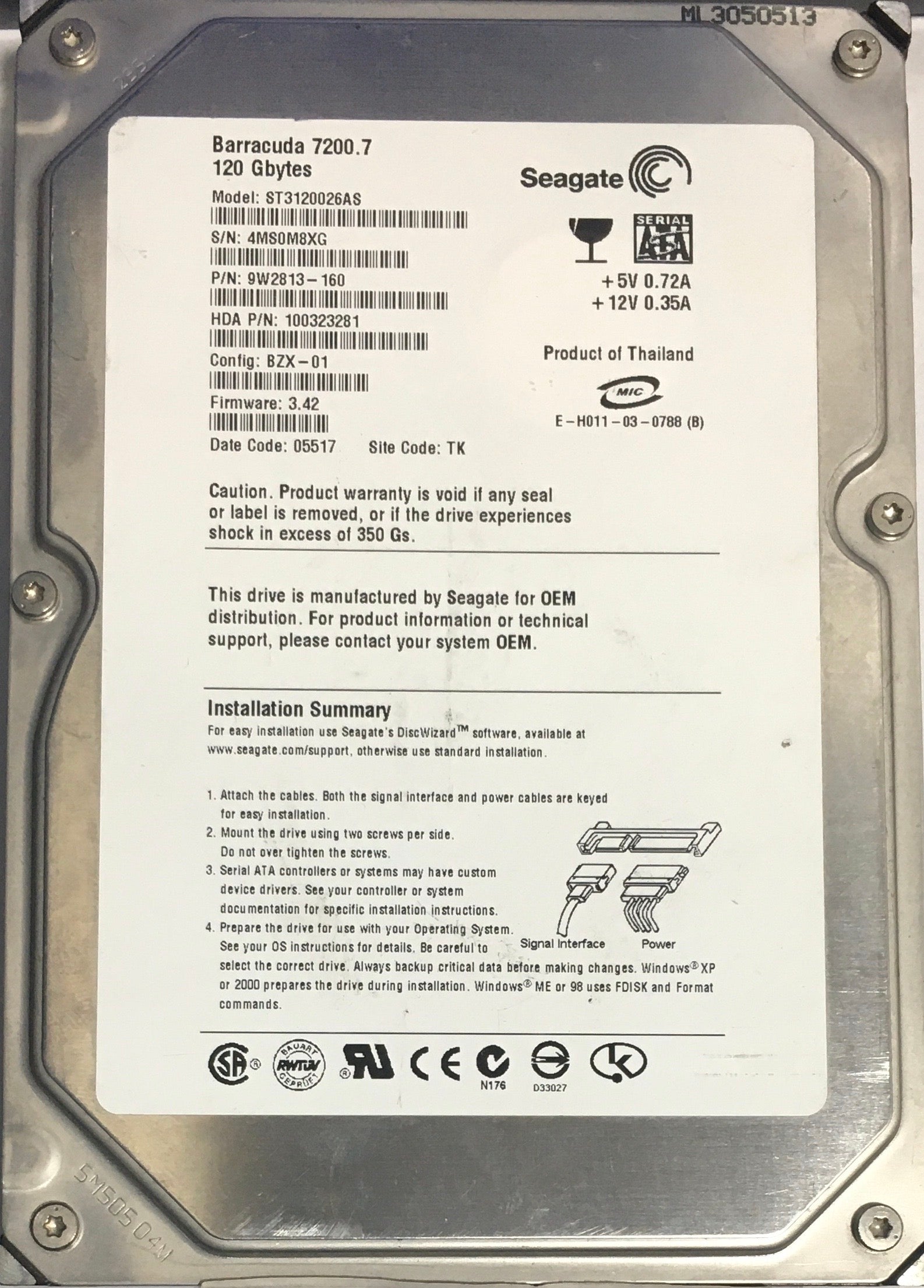 ST3120026AS,  P/N:9W2813-160,  FW:3.42,  Serial:4MS0M8XG,  120GB 3.5,  PCB:- REV A