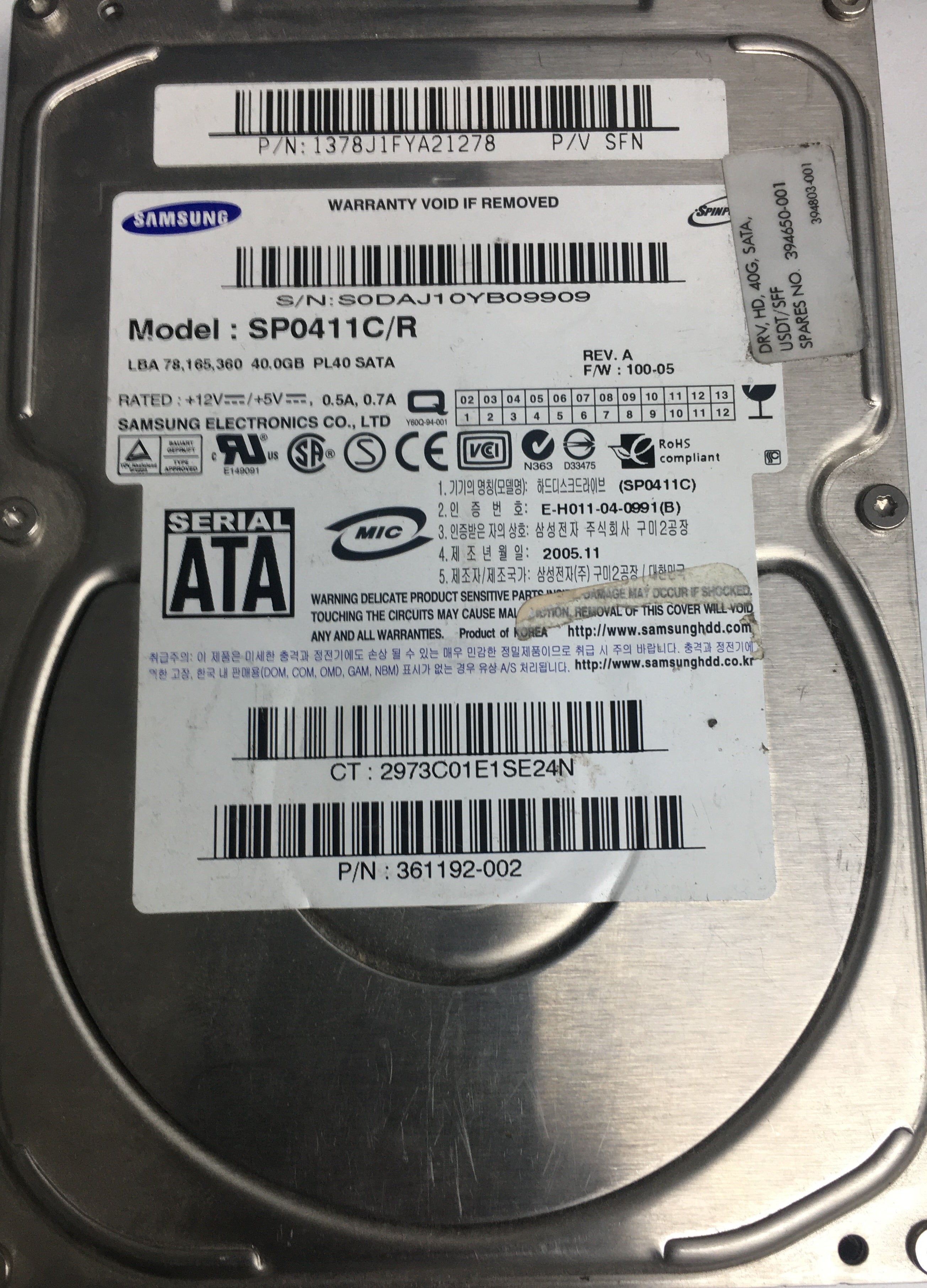 SP0411C/R SERIAL: S0DAJ10YB09909 40GB 3.5 PCB: BF41-00089A