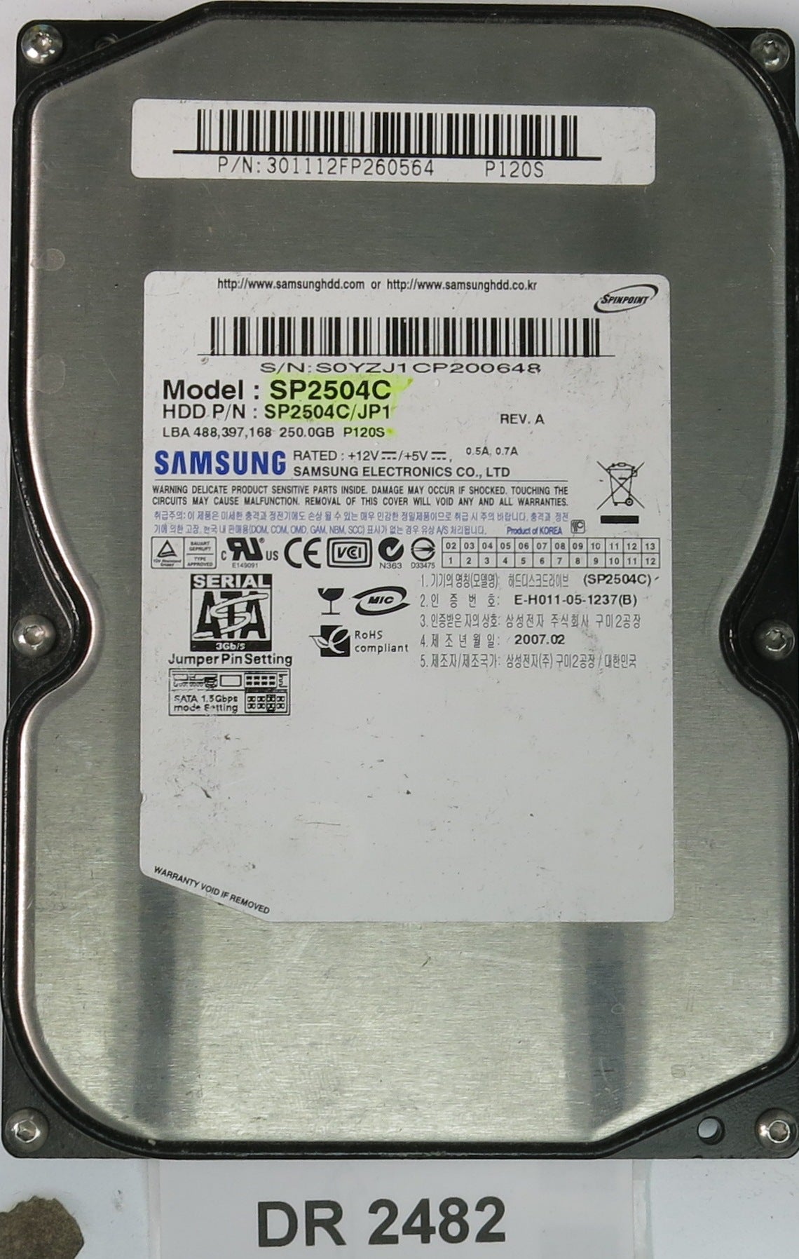 SP2504C, S0YZJ1CP200648, 250GB 3.5