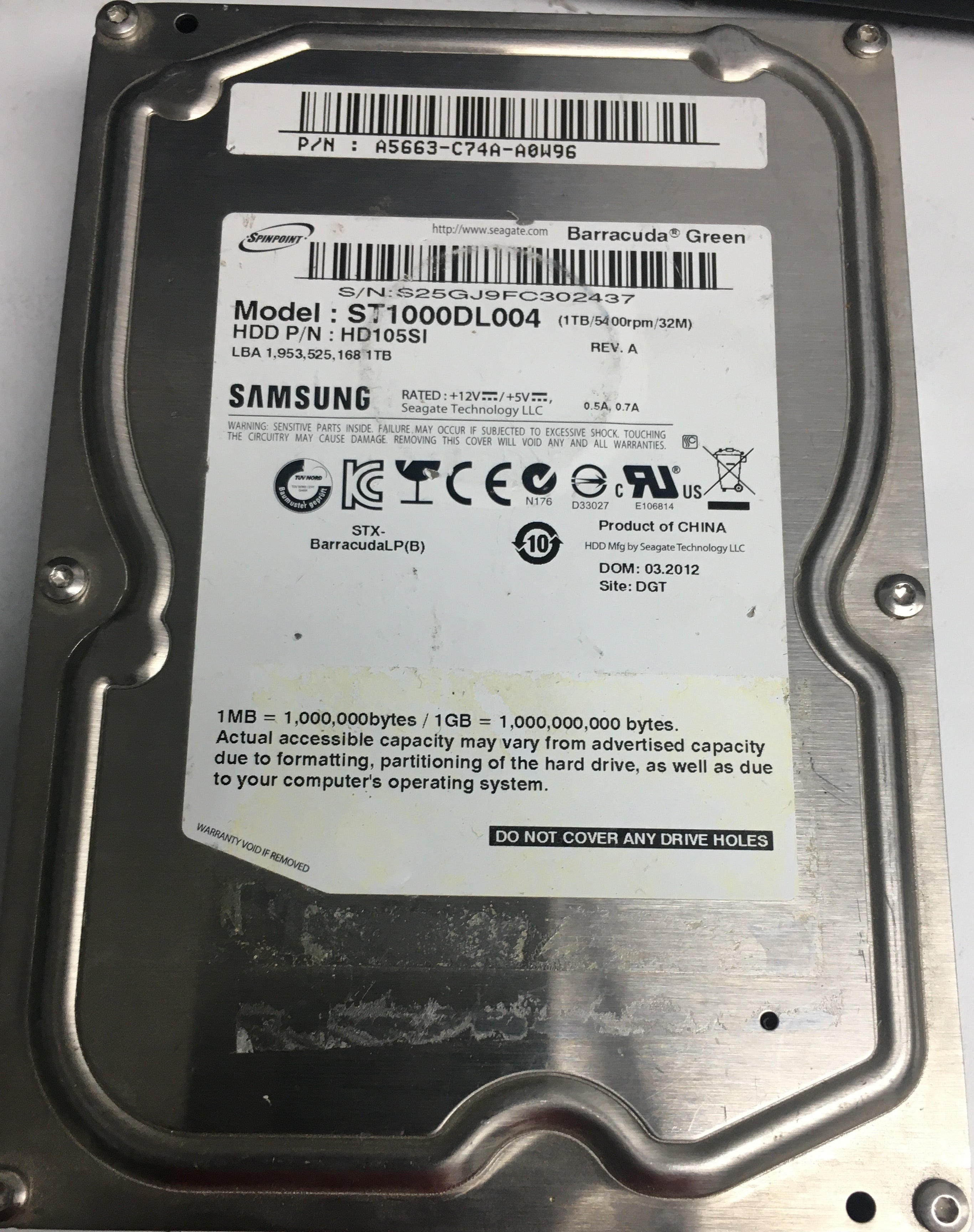 ST1000DL004, S25GJ9FC302437, 1TB 3.5