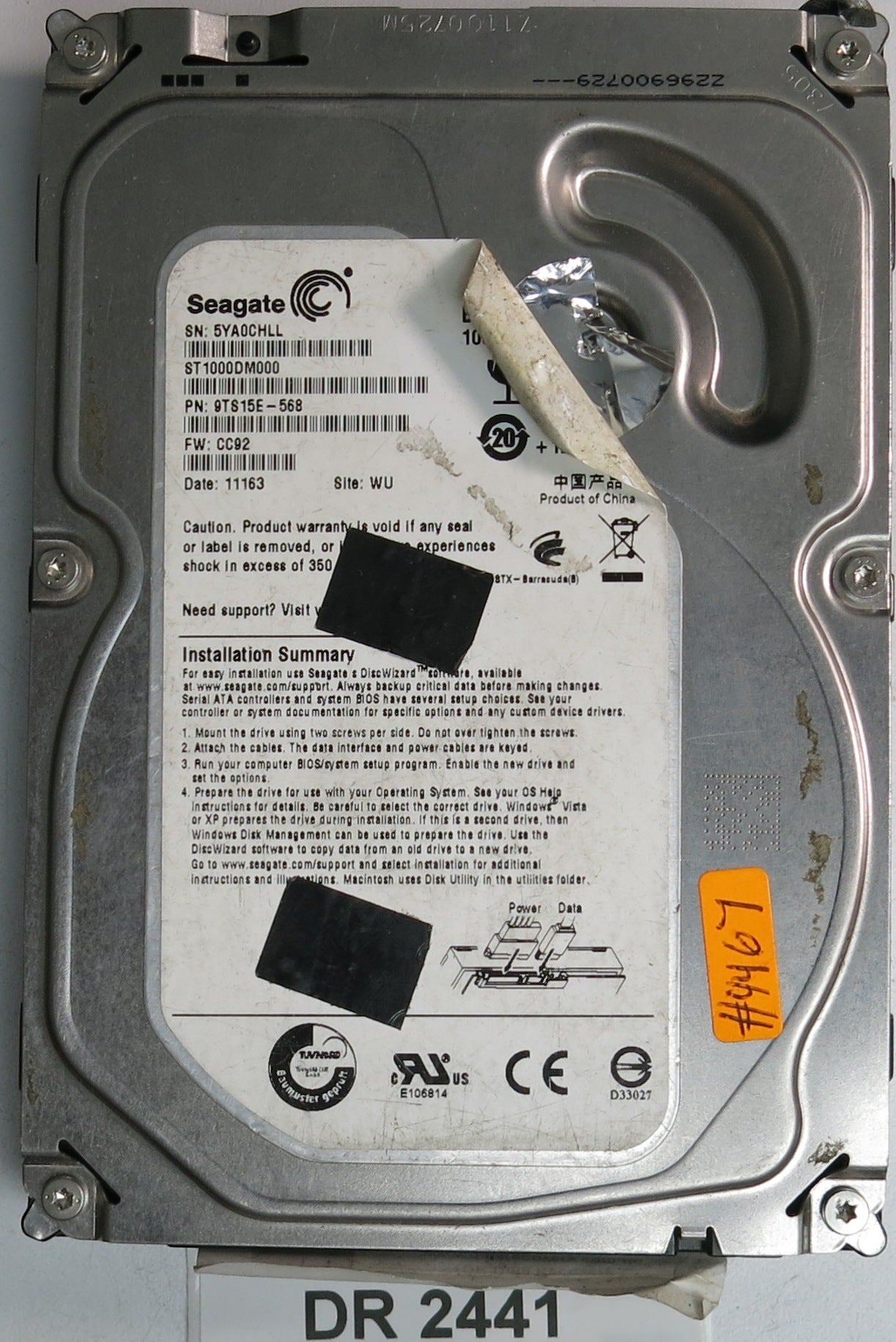ST1000DM000, P/N: 9TS15E-568, FW: CC92 ,Serial: 5YA0CHLL GB 3.5, PCB: 100617465 REV A