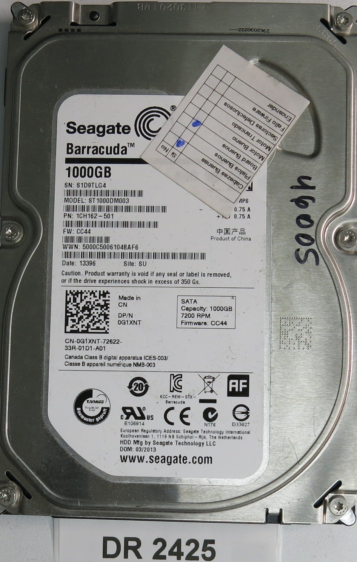 ST1000DM003, P/N: 1CH162-501, FW: CC44, Serial: S1D9TLG4, 1000GB 3.5,  PCB: 100687658 REV C
