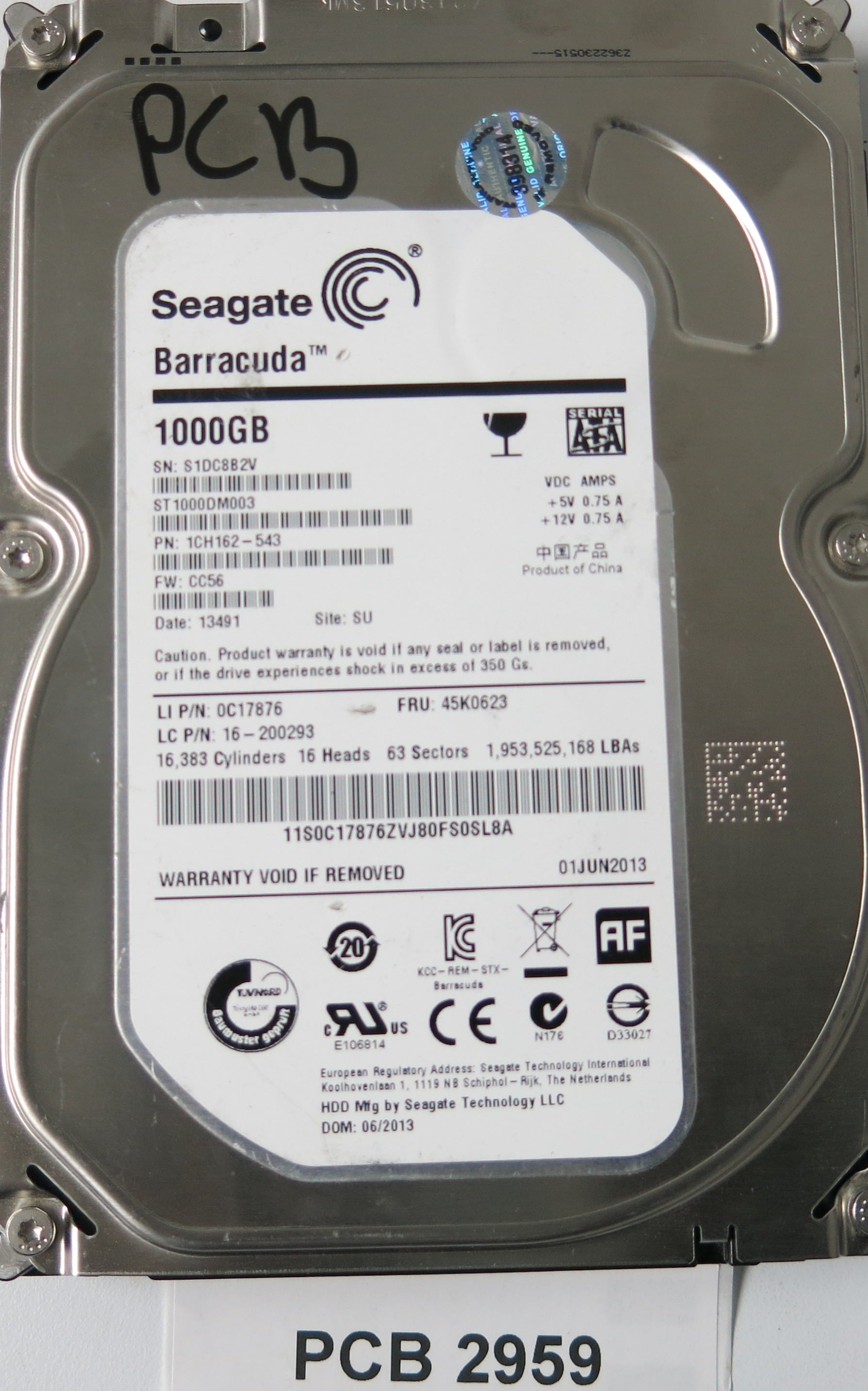 ST1000DM003, P/N: 1CH162-543 FW: CC56, Serial: S1DC8B2V, 1000GB 3.5, PCB: 100687658 REV C
