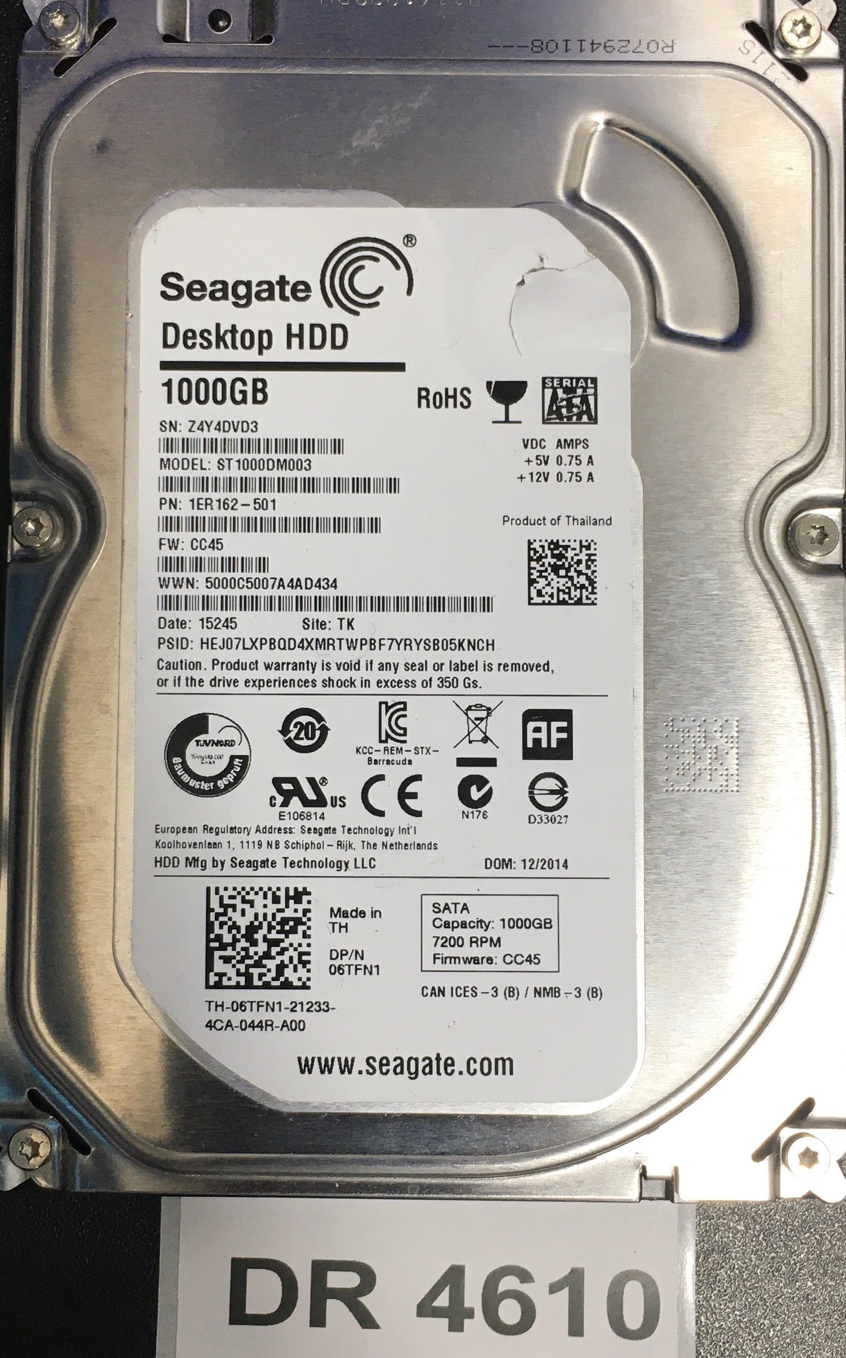 ST1000DM003,  P/N: 1ER162-501,  FW: CC45,  Serial: Z4Y4DVD3,  1000GB 3.5  PCB:100724095- REV A