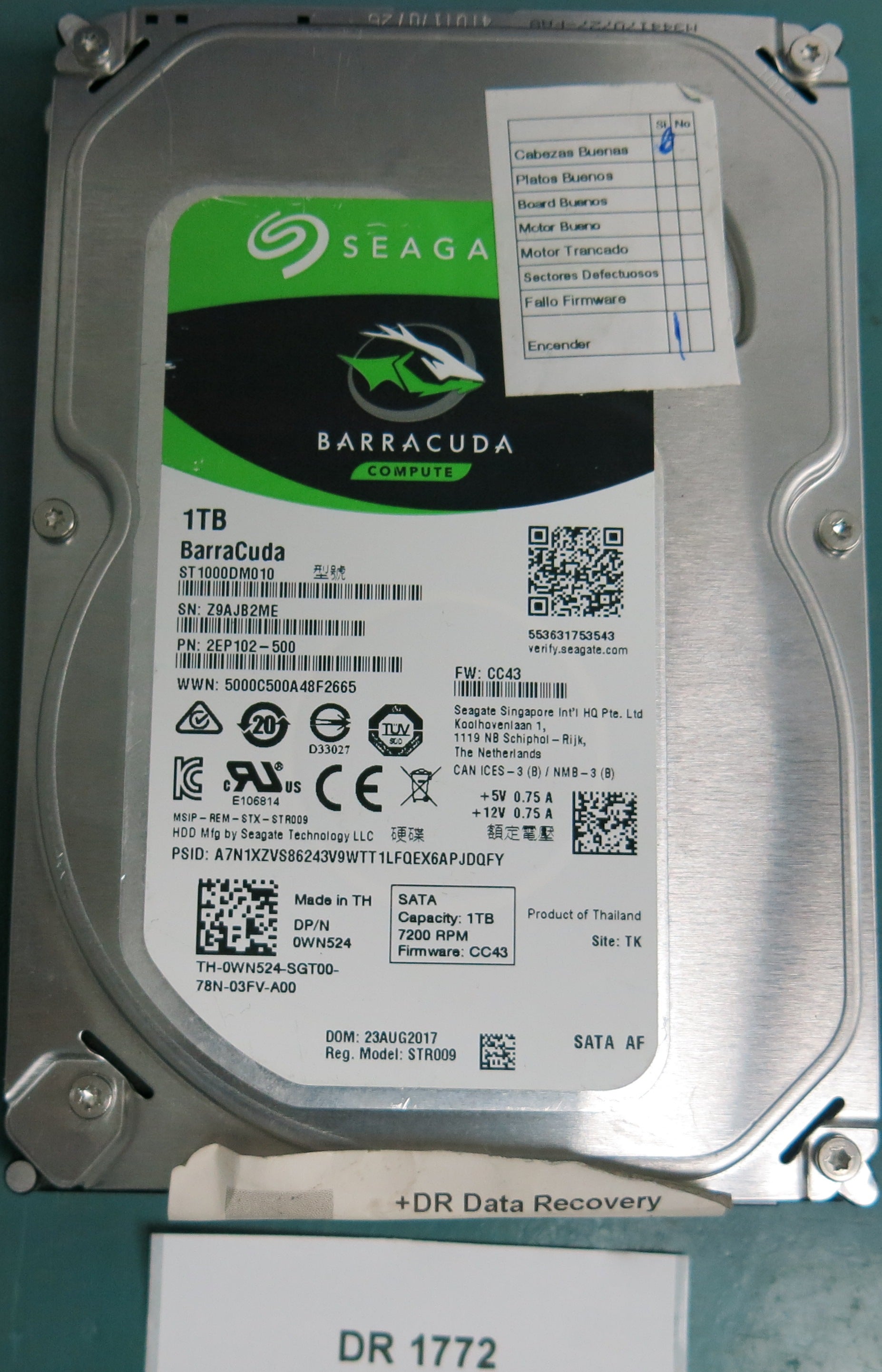ST1000DM010,  P/N:2EP102-500,  FW:CC43,  Serial:Z9AJB2ME,  1TB 3.5,  PCB:100774000- REV D