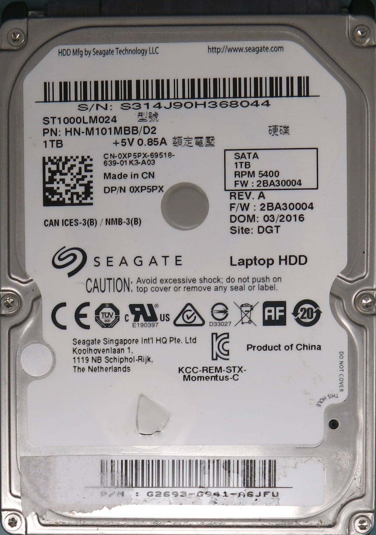 ST1000LM024, S314J90H368044, 1.0 TB 2.5