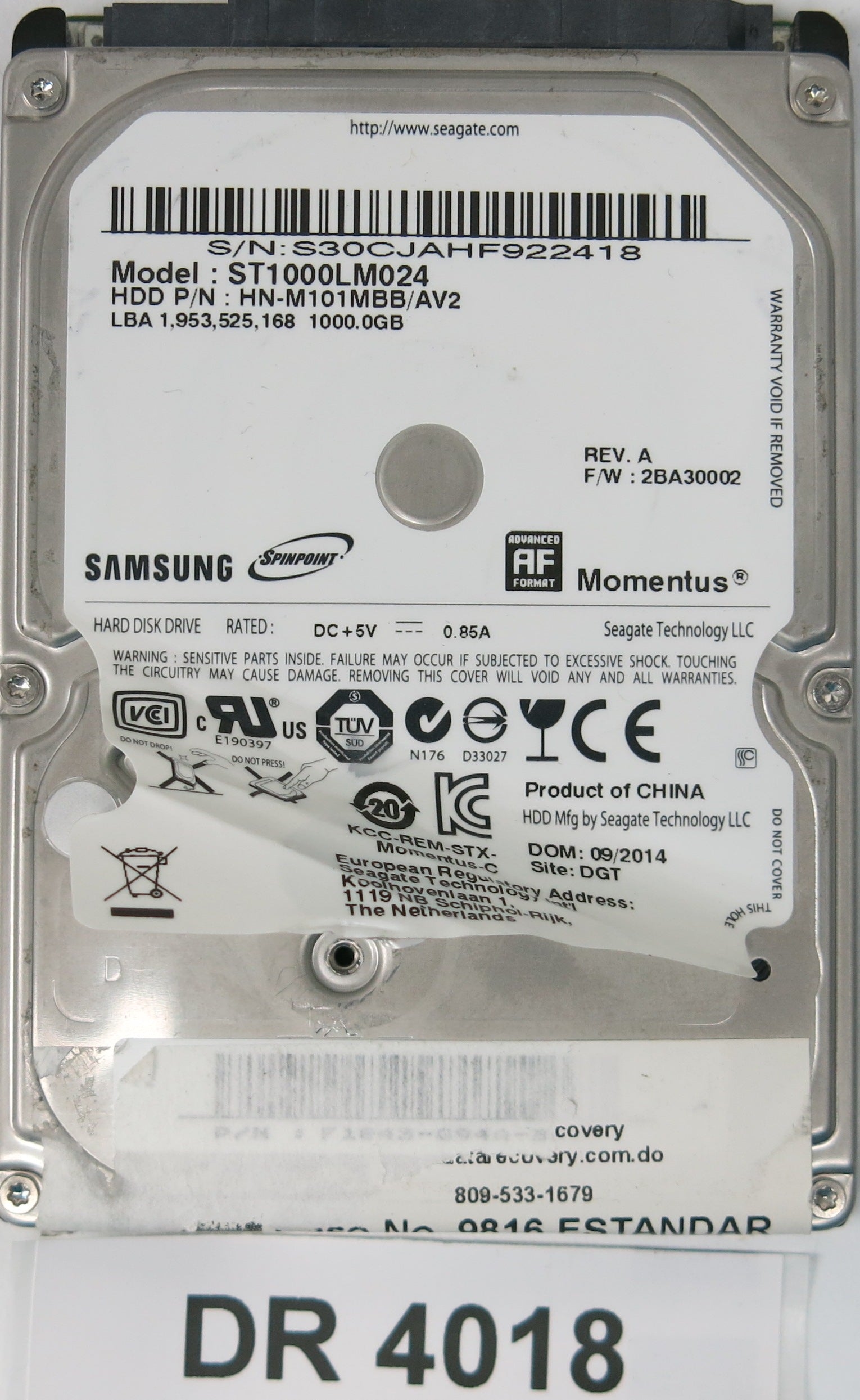 ST1000LM024, SERIAL: S30CJAHF922418, 1000GB 3.5