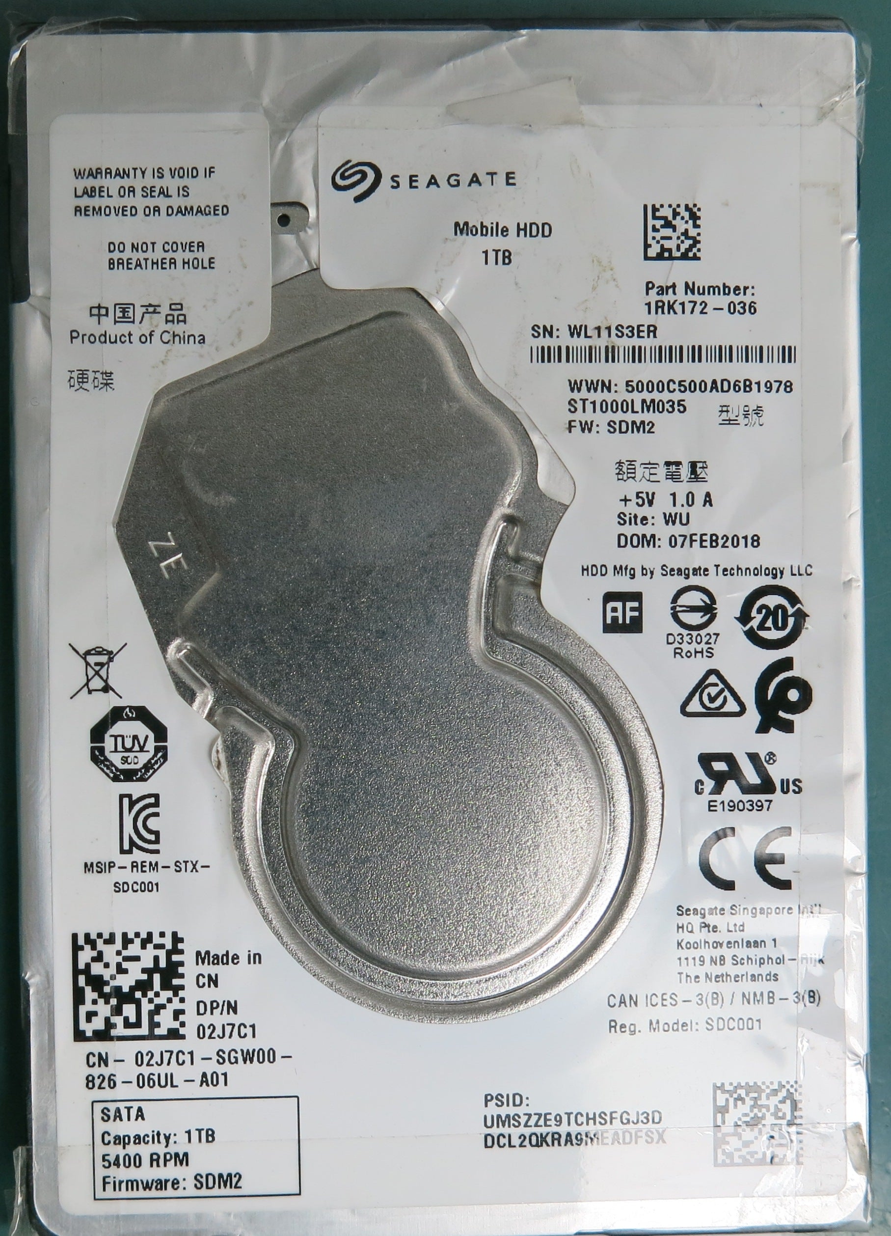 ST1000LM035, P/N: 1RK172-036, FW: SDM2, Serial: WL11S3ER, 1TB 2.5